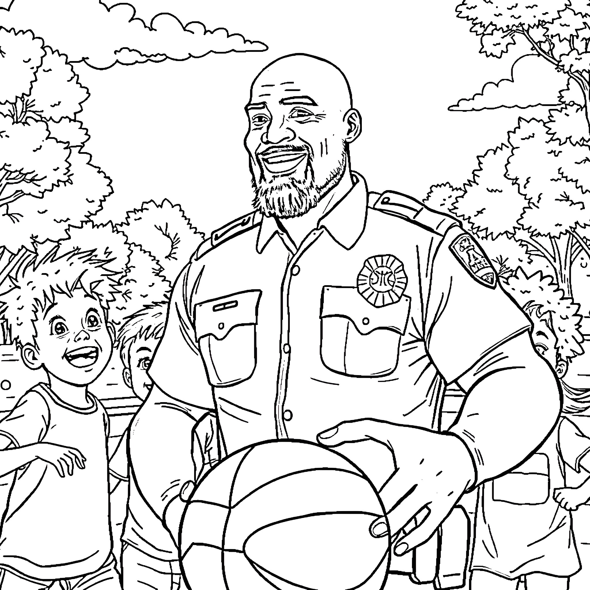 Cop engaging with smiling children in park Coloring Page (free black-and-white line drawing printable PDF for all, from beginners to advanced learners, including children, teens, adults, and seniors)