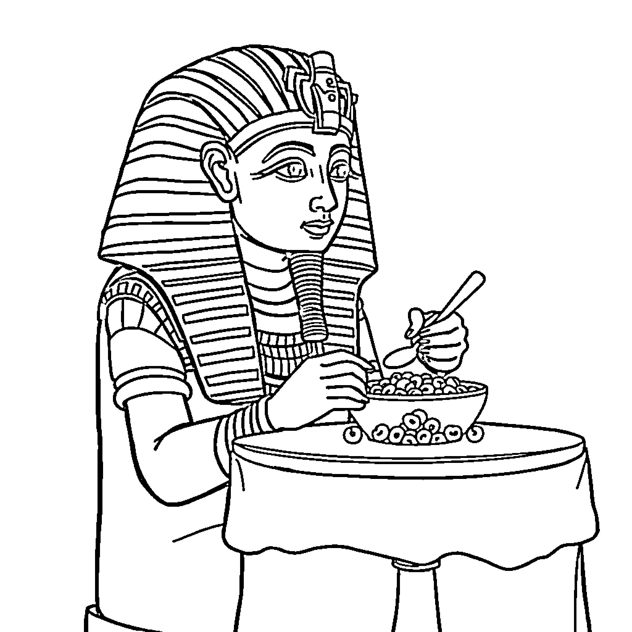 King Tut preparing a meal in traditional Egyptian attire Coloring Page (free black-and-white line drawing printable PDF for all, from beginners to advanced learners, including children, teens, adults, and seniors)