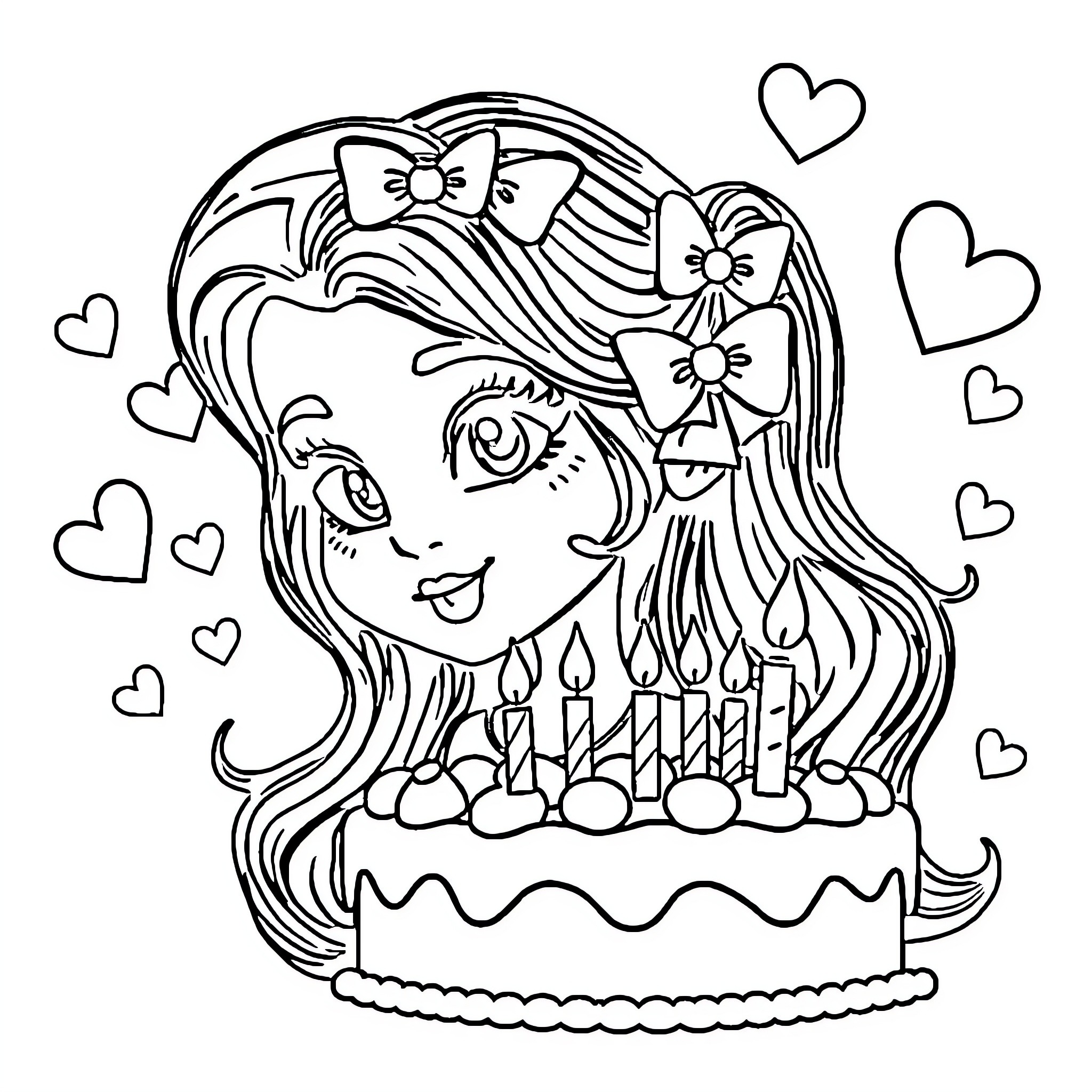 Birthday girl with cake and bows Coloring Page (free black-and-white line drawing printable PDF for all, from beginners to advanced learners, including children, teens, adults, and seniors)