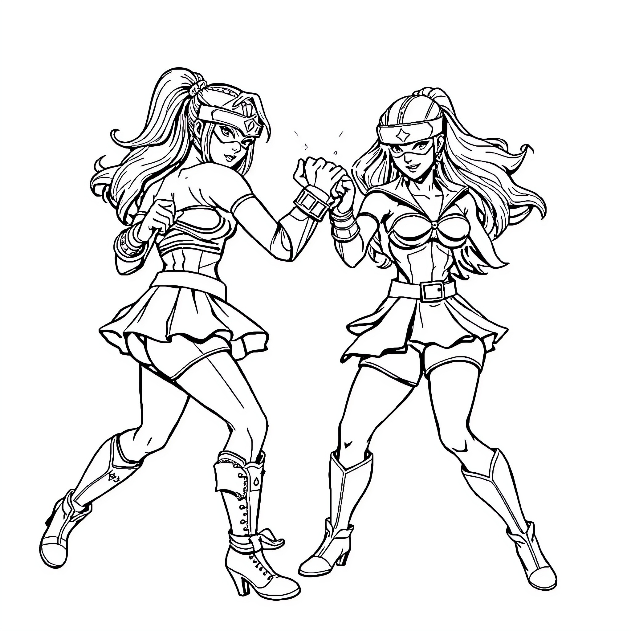 Warrior Women in Action Poses Coloring Page (free black-and-white line drawing printable PDF for all, from beginners to advanced learners, including children, teens, adults, and seniors)