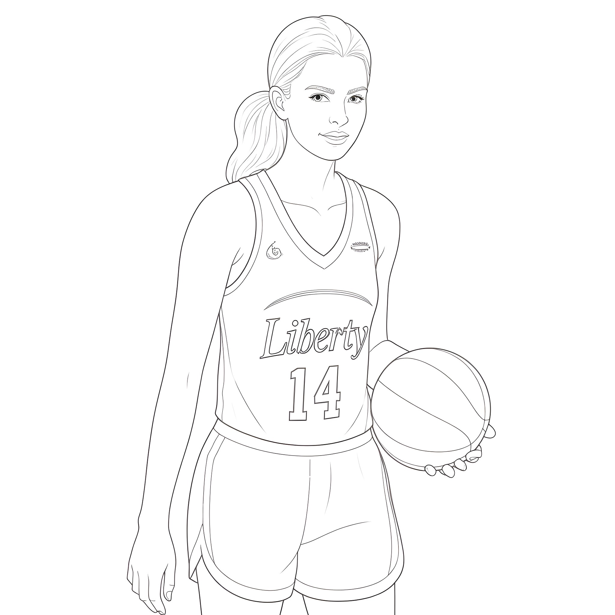 Basketball Player Holding Ball in Uniform Coloring Page (free black-and-white line drawing printable PDF for all, from beginners to advanced learners, including children, teens, adults, and seniors)