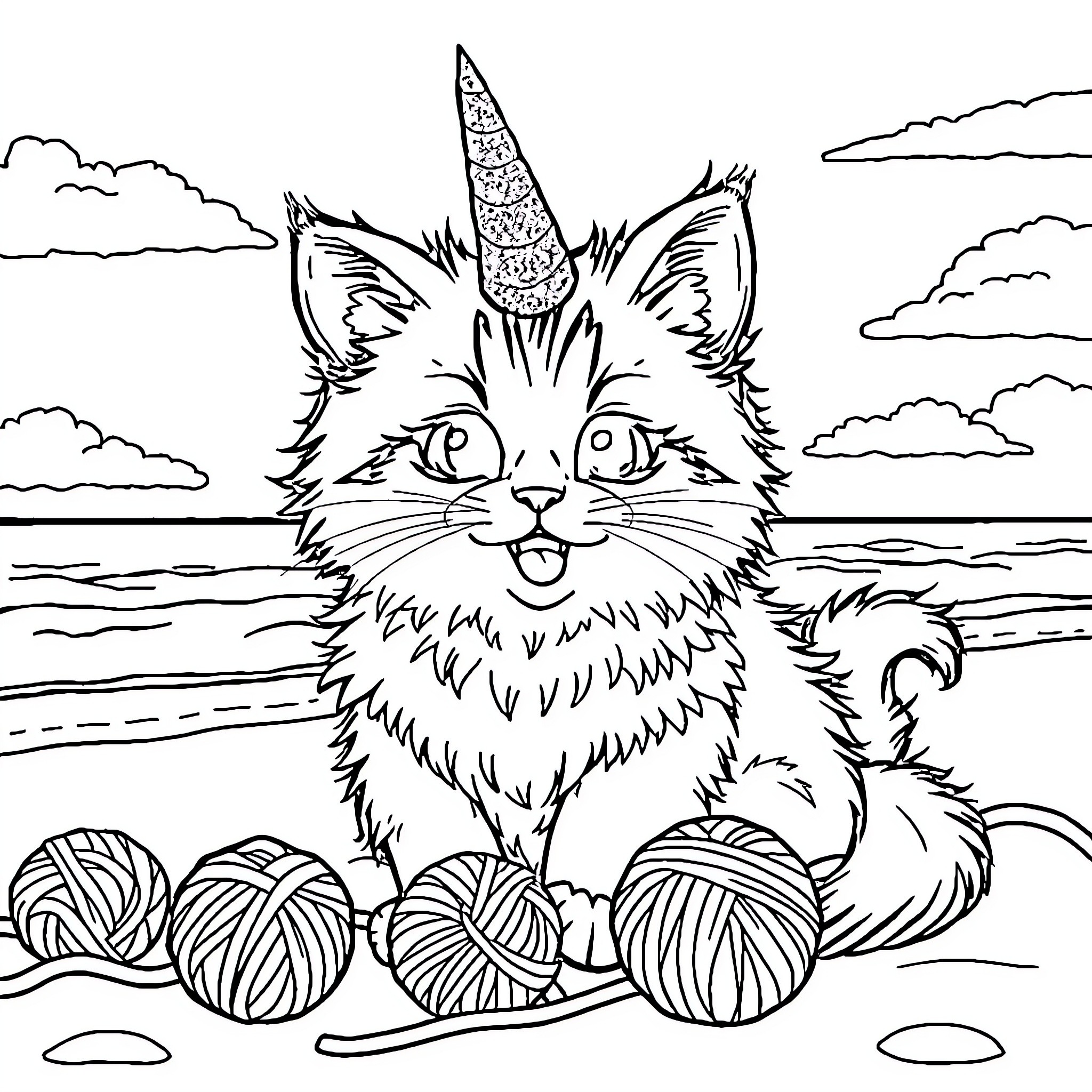 Cat playing with yarn in nature Coloring Page (free black-and-white line drawing printable PDF for all, from beginners to advanced learners, including children, teens, adults, and seniors)