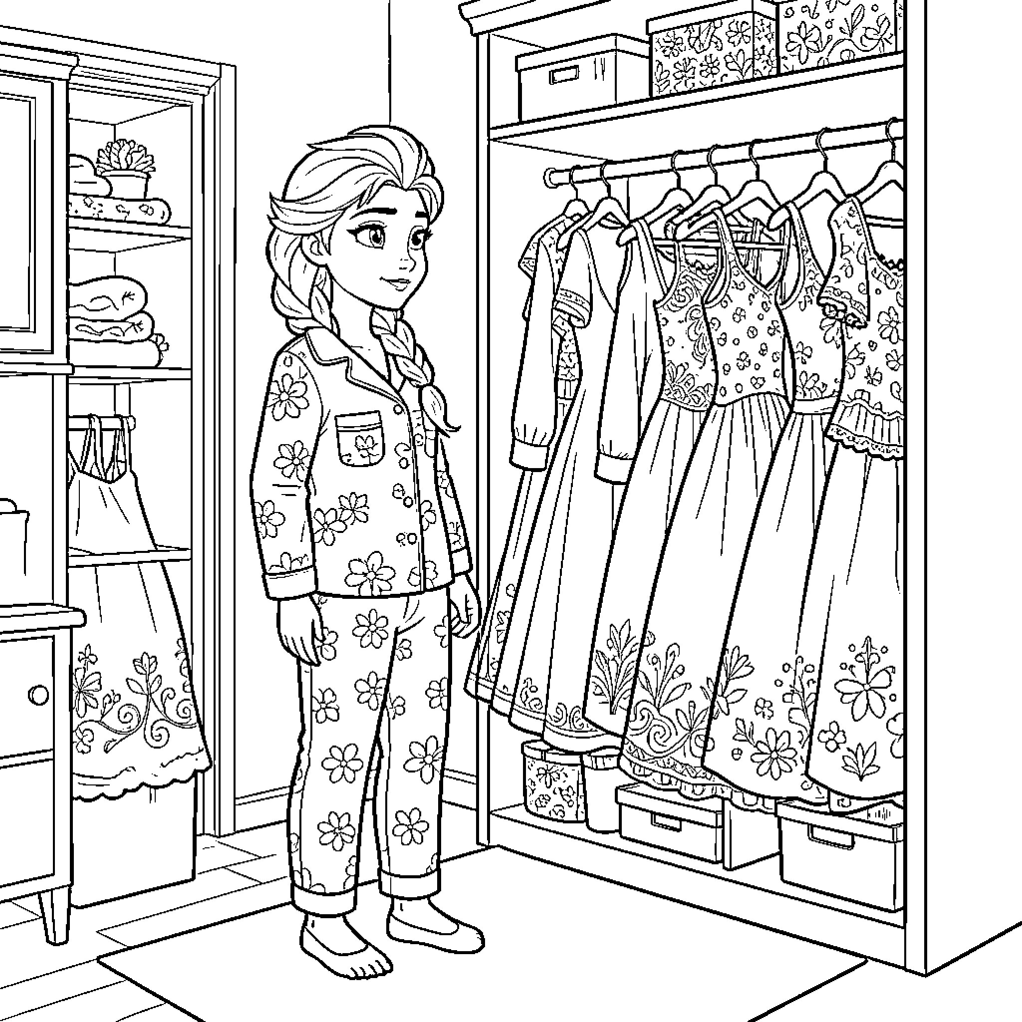Elsa admiring her flower-patterned outfits in the closet Coloring Page (free black-and-white line drawing printable PDF for all, from beginners to advanced learners, including children, teens, adults, and seniors)