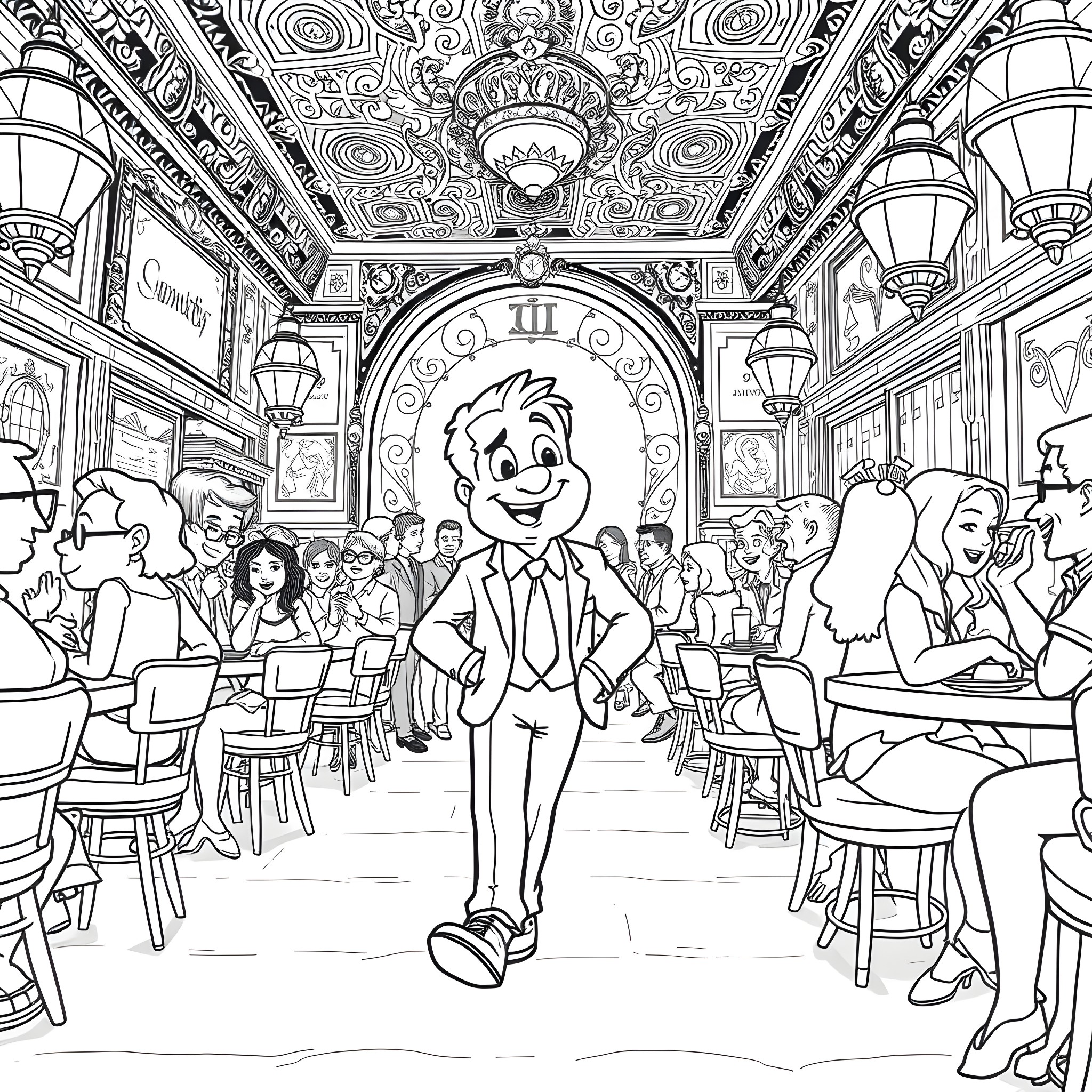 Samity Sam's Lively Cafe Adventure Coloring Page (free black-and-white line drawing printable PDF for all, from beginners to advanced learners, including children, teens, adults, and seniors)