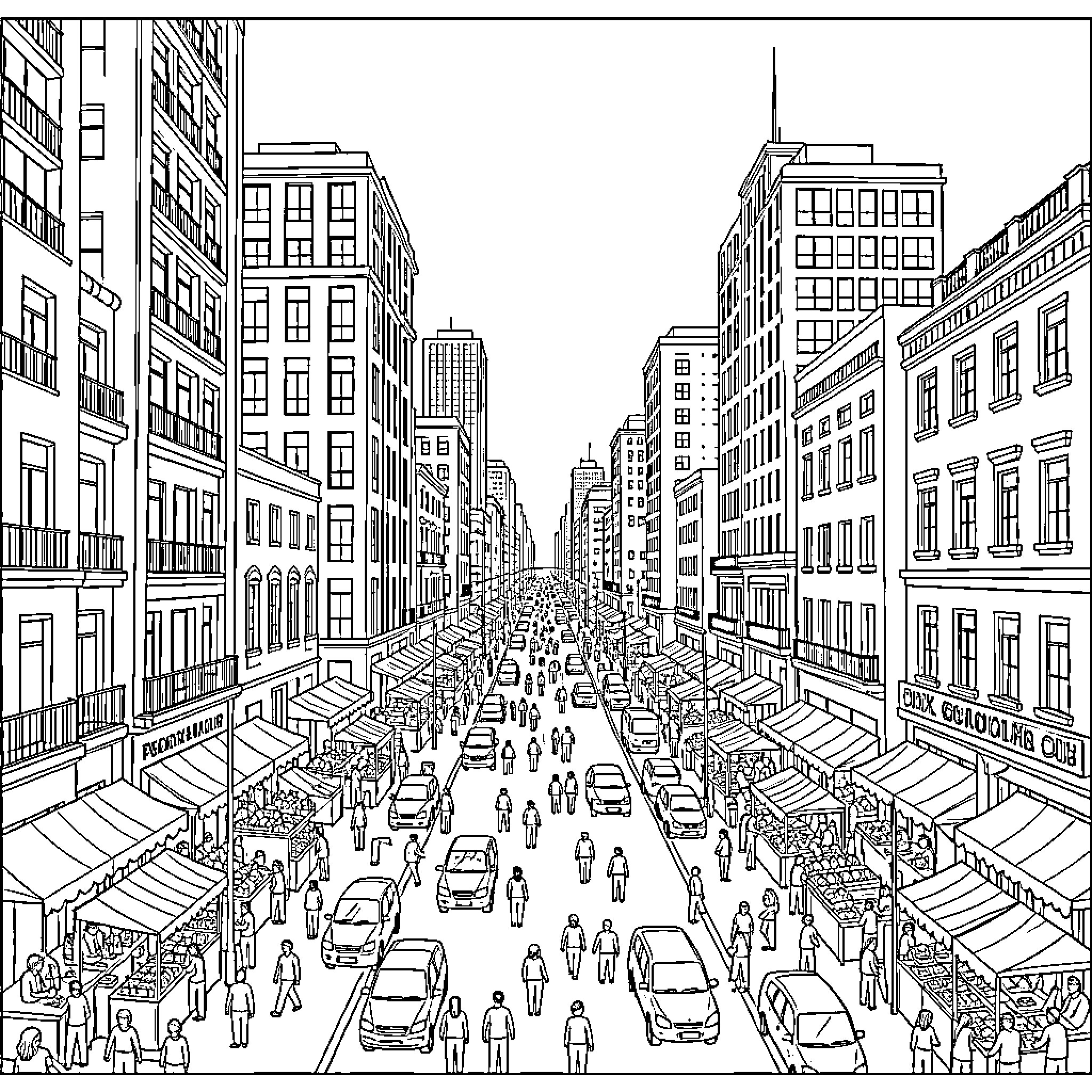CDMX Bustling City Scene with Diverse Crowd Coloring Page (free black-and-white line drawing printable PDF for all, from beginners to advanced learners, including children, teens, adults, and seniors)