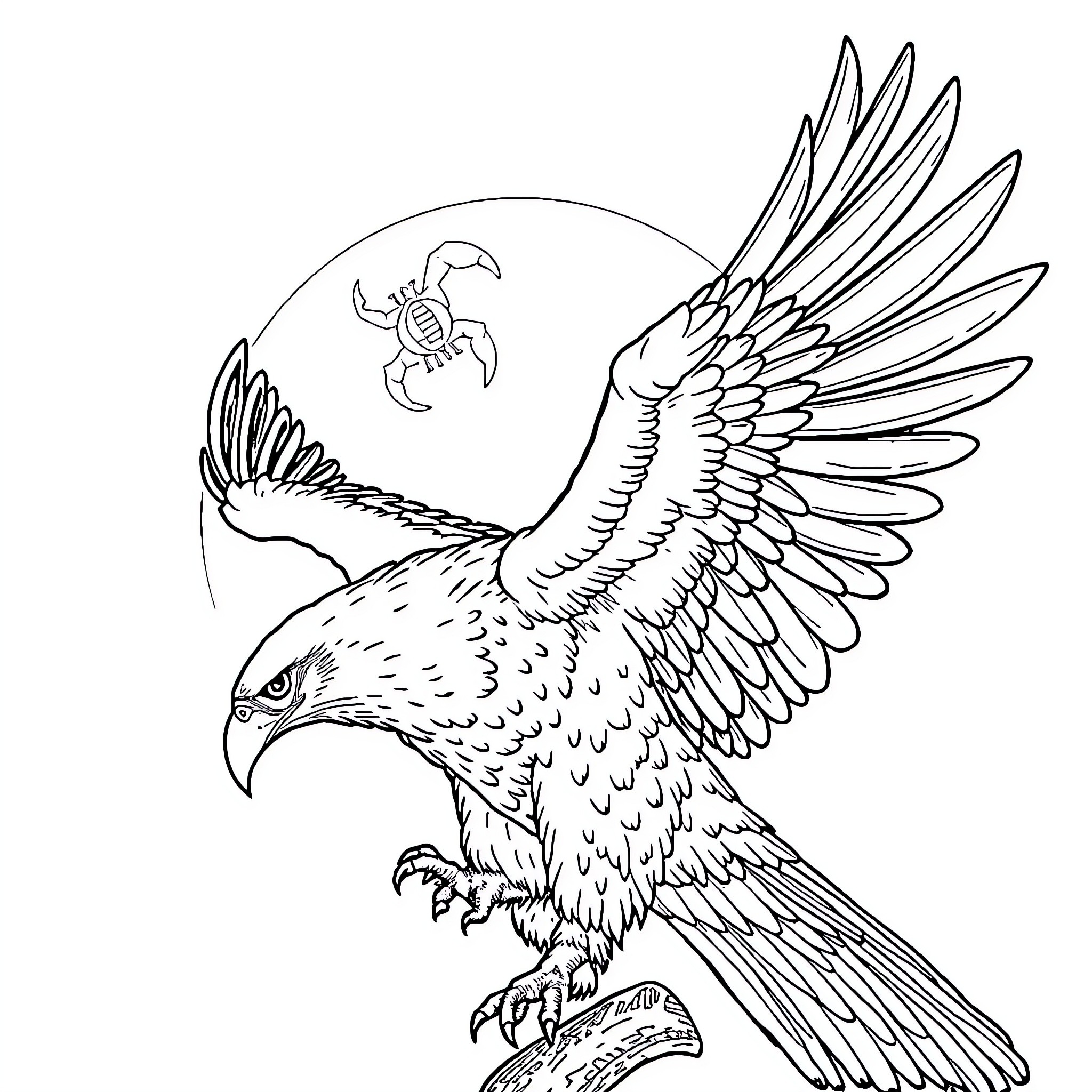 Loup Bird of Prey Soaring with Crescent Moon Coloring Page (free black-and-white line drawing printable PDF for all, from beginners to advanced learners, including children, teens, adults, and seniors)