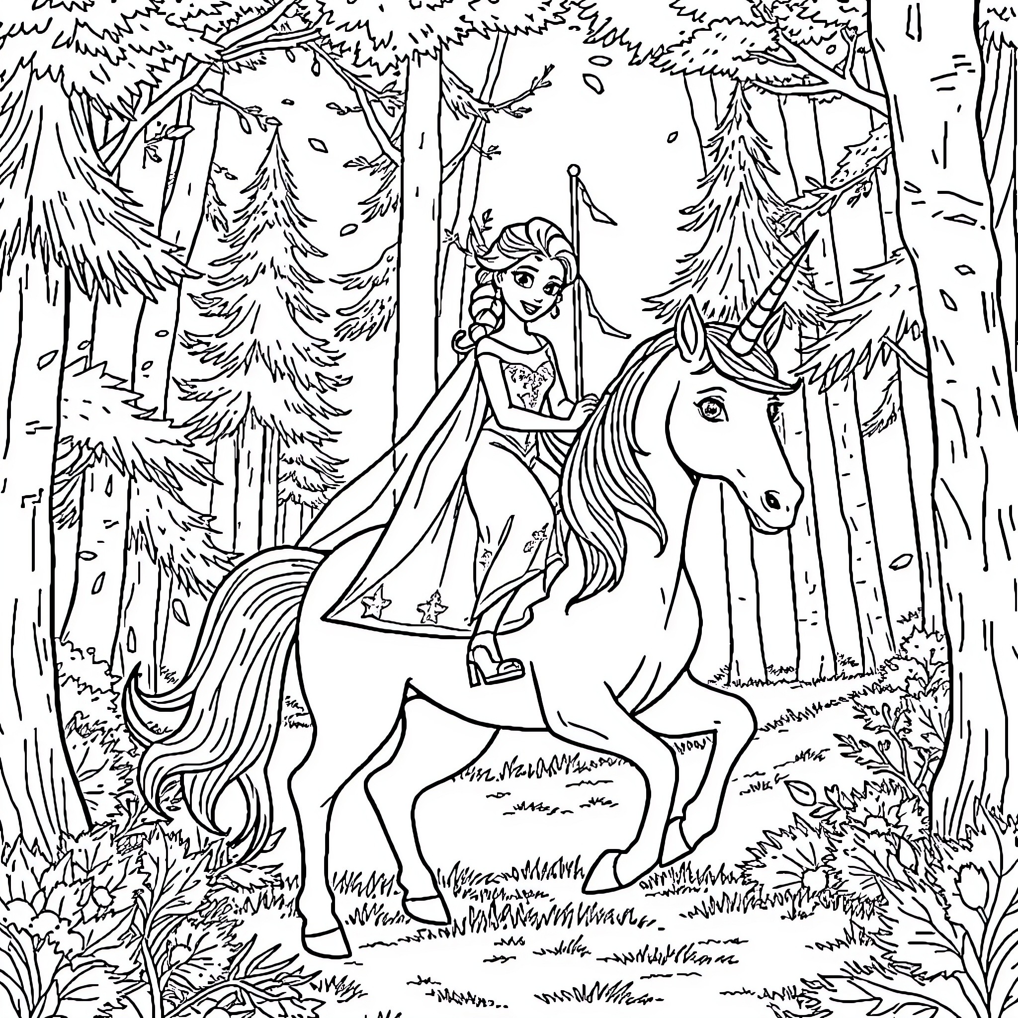 Elsa riding a unicorn through the enchanted forest Coloring Page (free black-and-white line drawing printable PDF for all, from beginners to advanced learners, including children, teens, adults, and seniors)