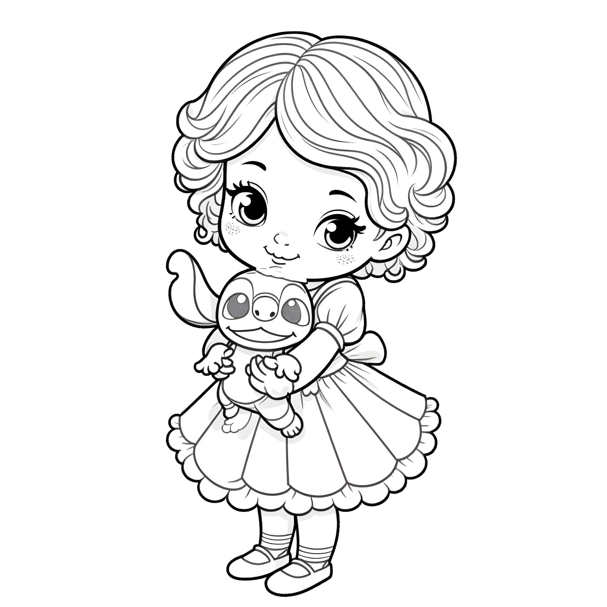 Girl hugging a stuffed animal in a frilly dress Coloring Page (free black-and-white line drawing printable PDF for all, from beginners to advanced learners, including children, teens, adults, and seniors)
