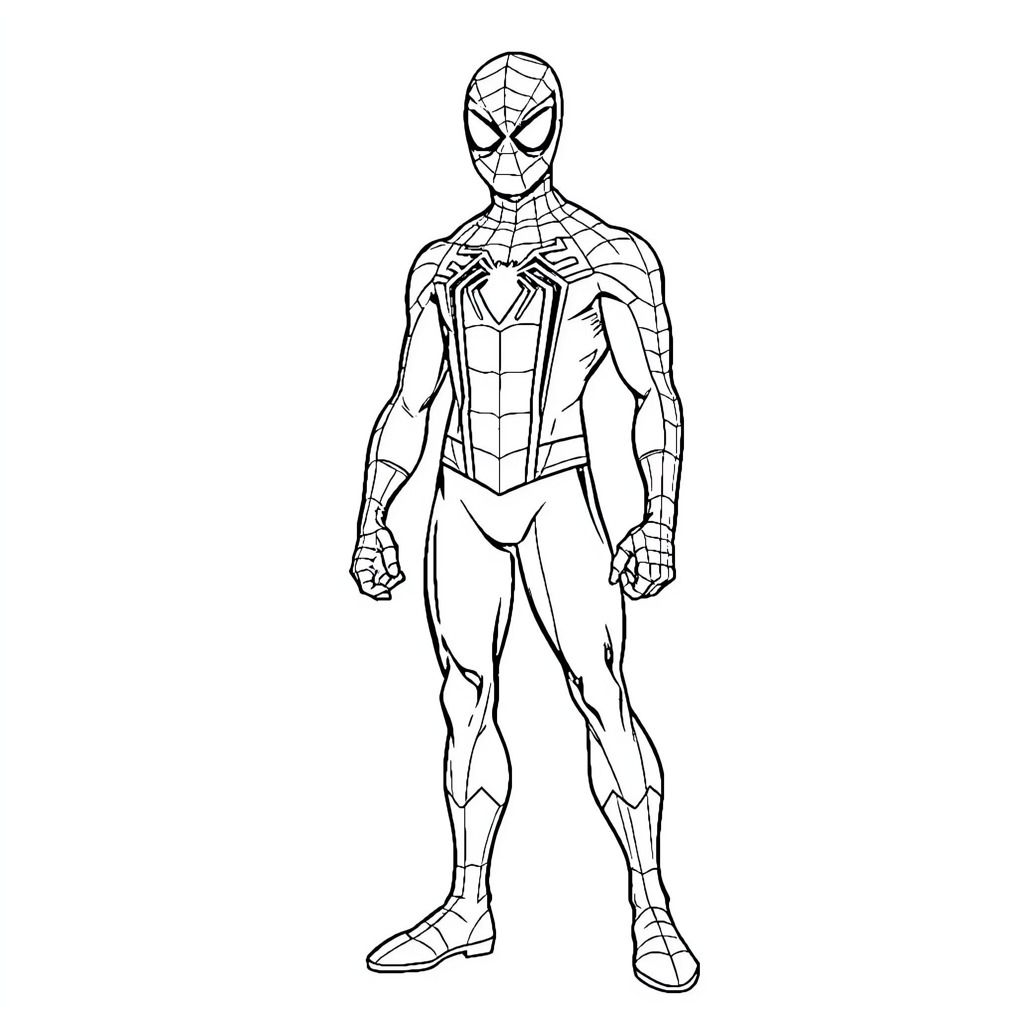 Spidey in heroic pose Coloring Page (free black-and-white line drawing printable PDF for all, from beginners to advanced learners, including children, teens, adults, and seniors)