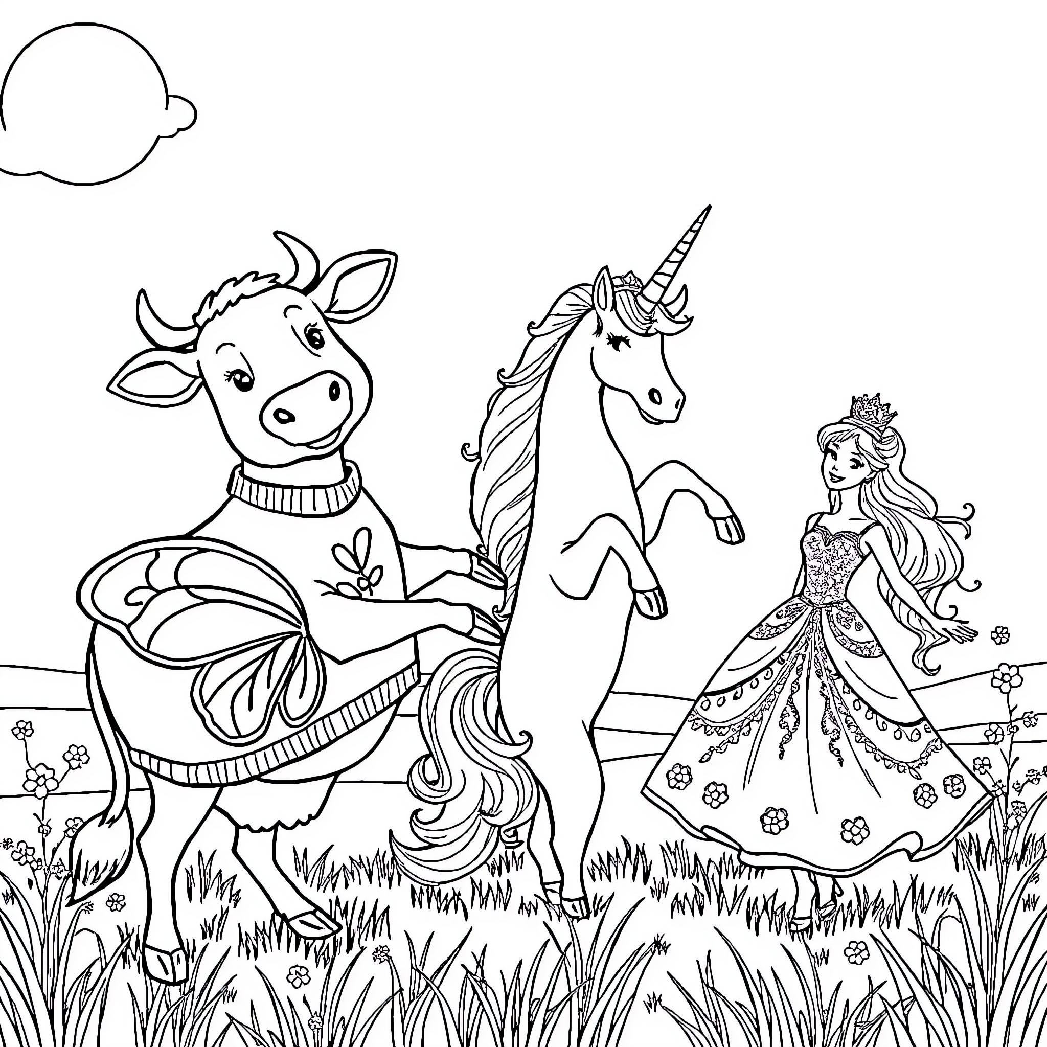 Cow, unicorn, and princess in a fantasy meadow Coloring Page (free black-and-white line drawing printable PDF for all, from beginners to advanced learners, including children, teens, adults, and seniors)