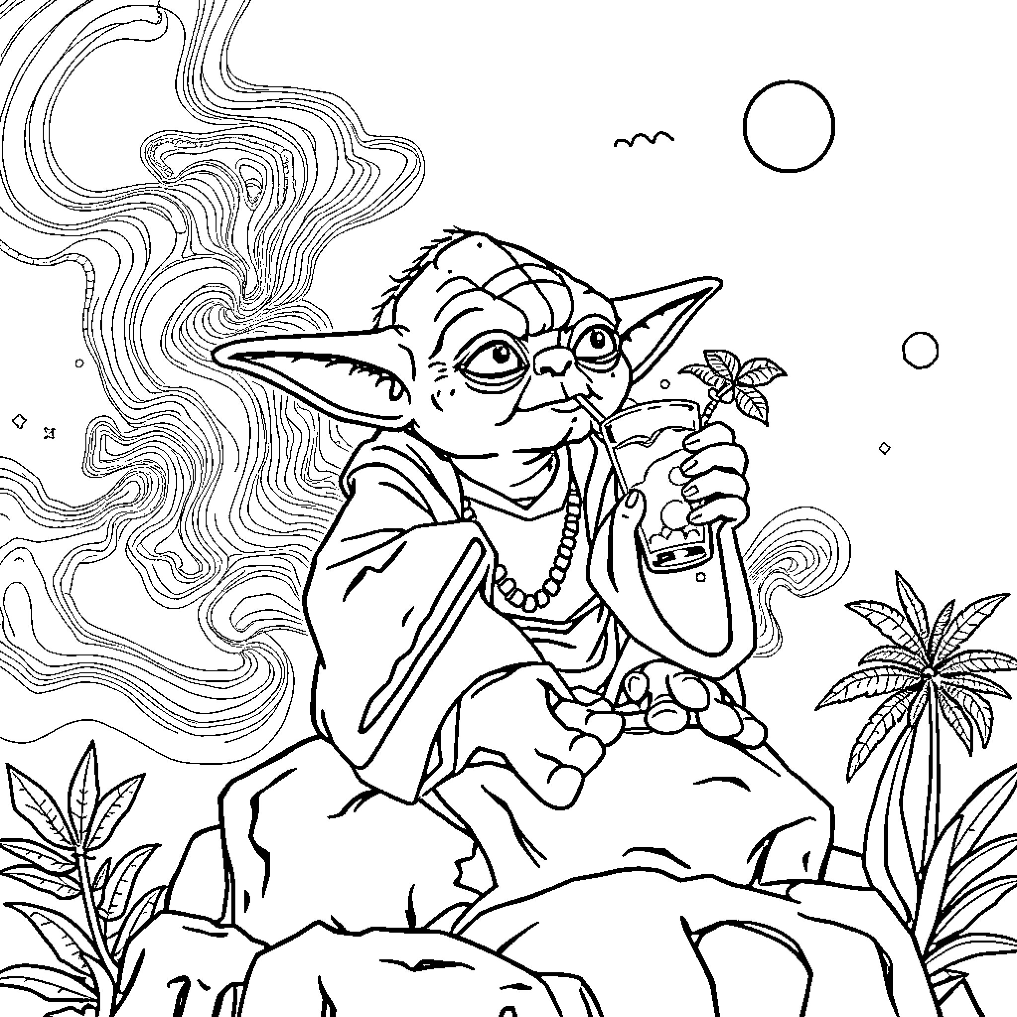 Yoda meditating in serene forest landscape Coloring Page (free black-and-white line drawing printable PDF for all, from beginners to advanced learners, including children, teens, adults, and seniors)
