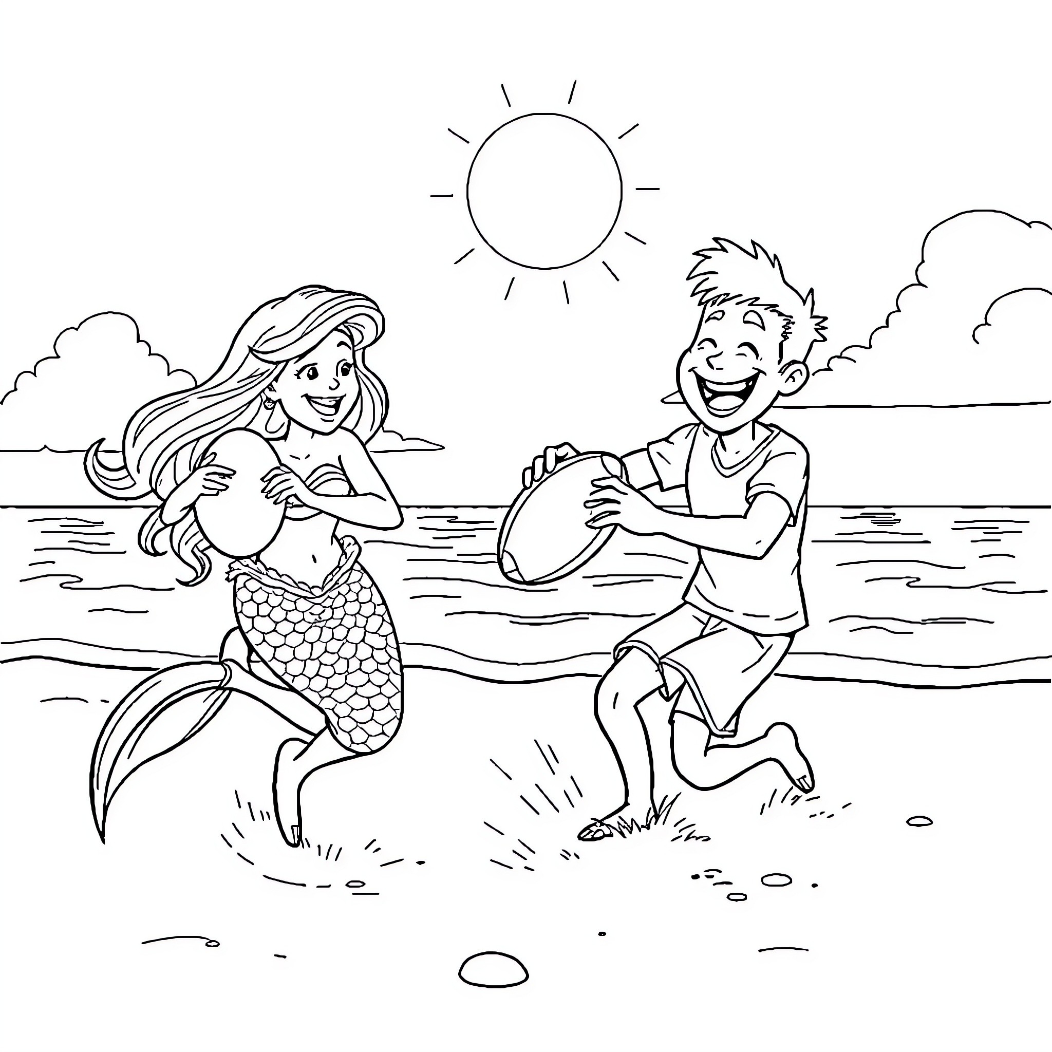 Mermaid and child playing happily by the sea Coloring Page (free black-and-white line drawing printable PDF for all, from beginners to advanced learners, including children, teens, adults, and seniors)