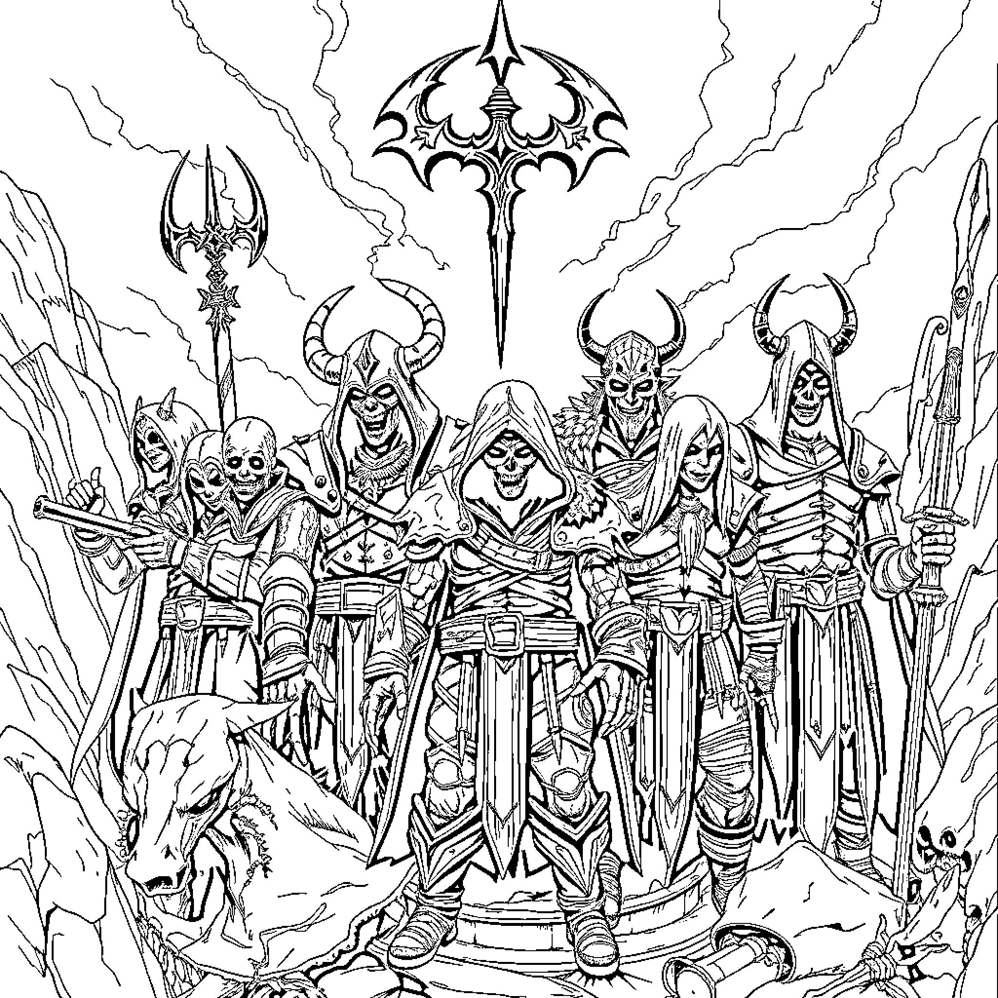 PC Game Character Group in Epic Battle Pose Coloring Page (free black-and-white line drawing printable PDF for all, from beginners to advanced learners, including children, teens, adults, and seniors)