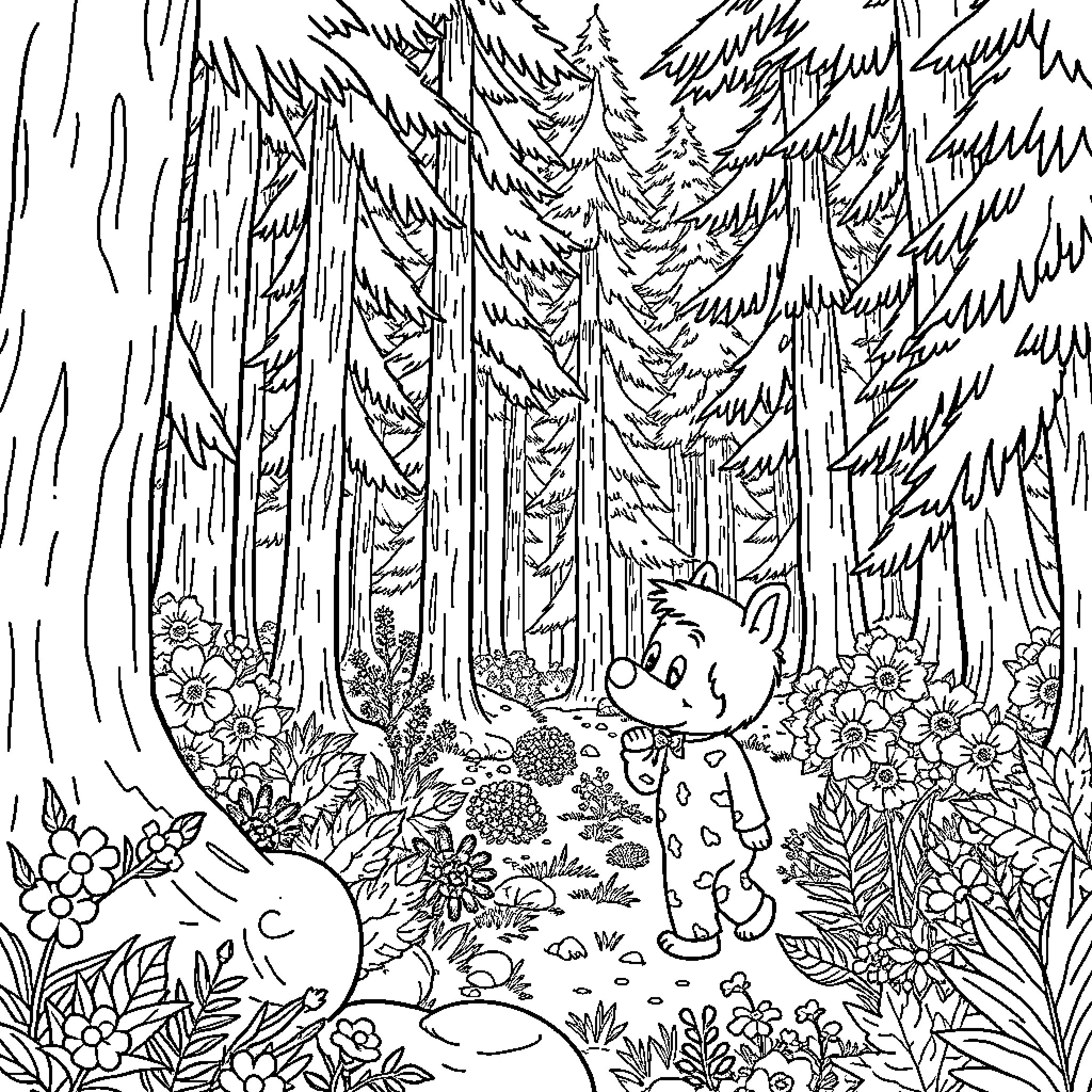 Pajama Sam's Enchanted Forest Adventure Coloring Page (free black-and-white line drawing printable PDF for all, from beginners to advanced learners, including children, teens, adults, and seniors)
