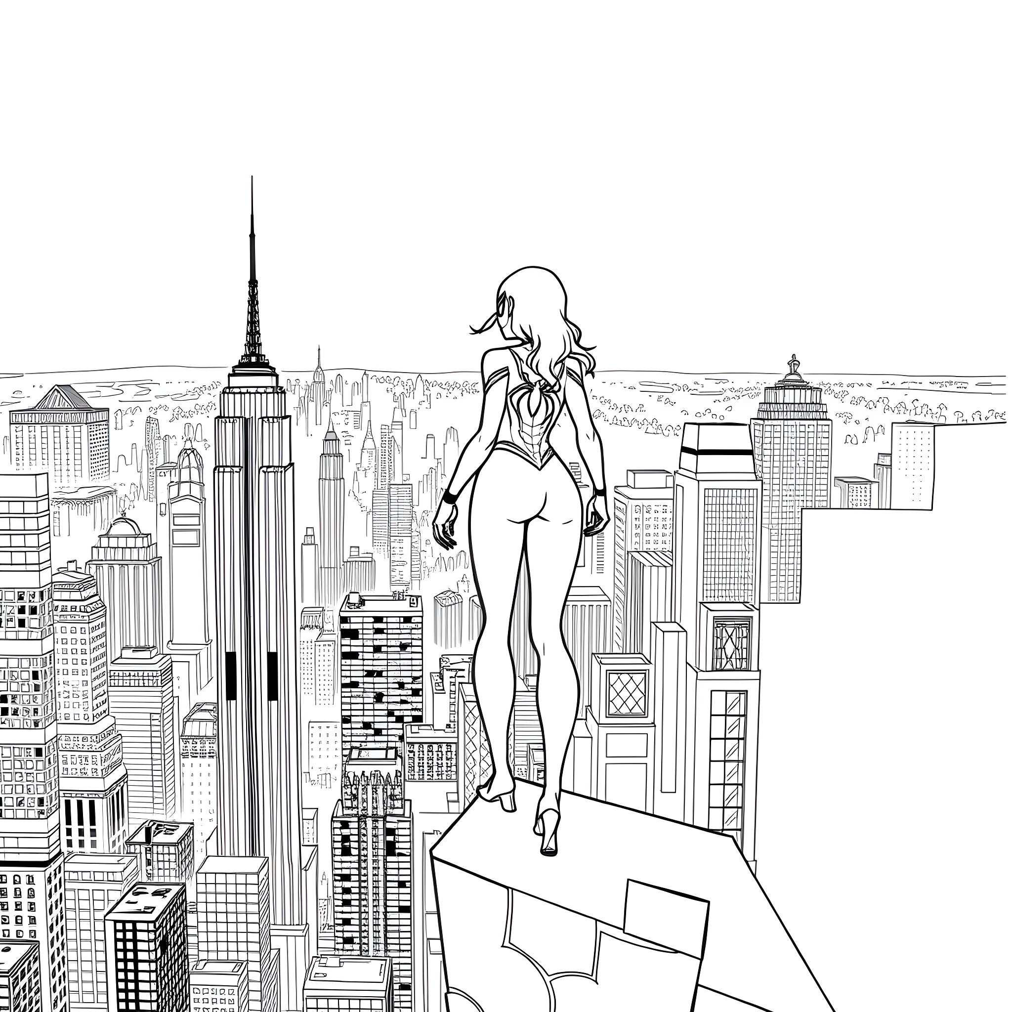 Spider Gwen swinging through the city skyline Coloring Page (free black-and-white line drawing printable PDF for all, from beginners to advanced learners, including children, teens, adults, and seniors)