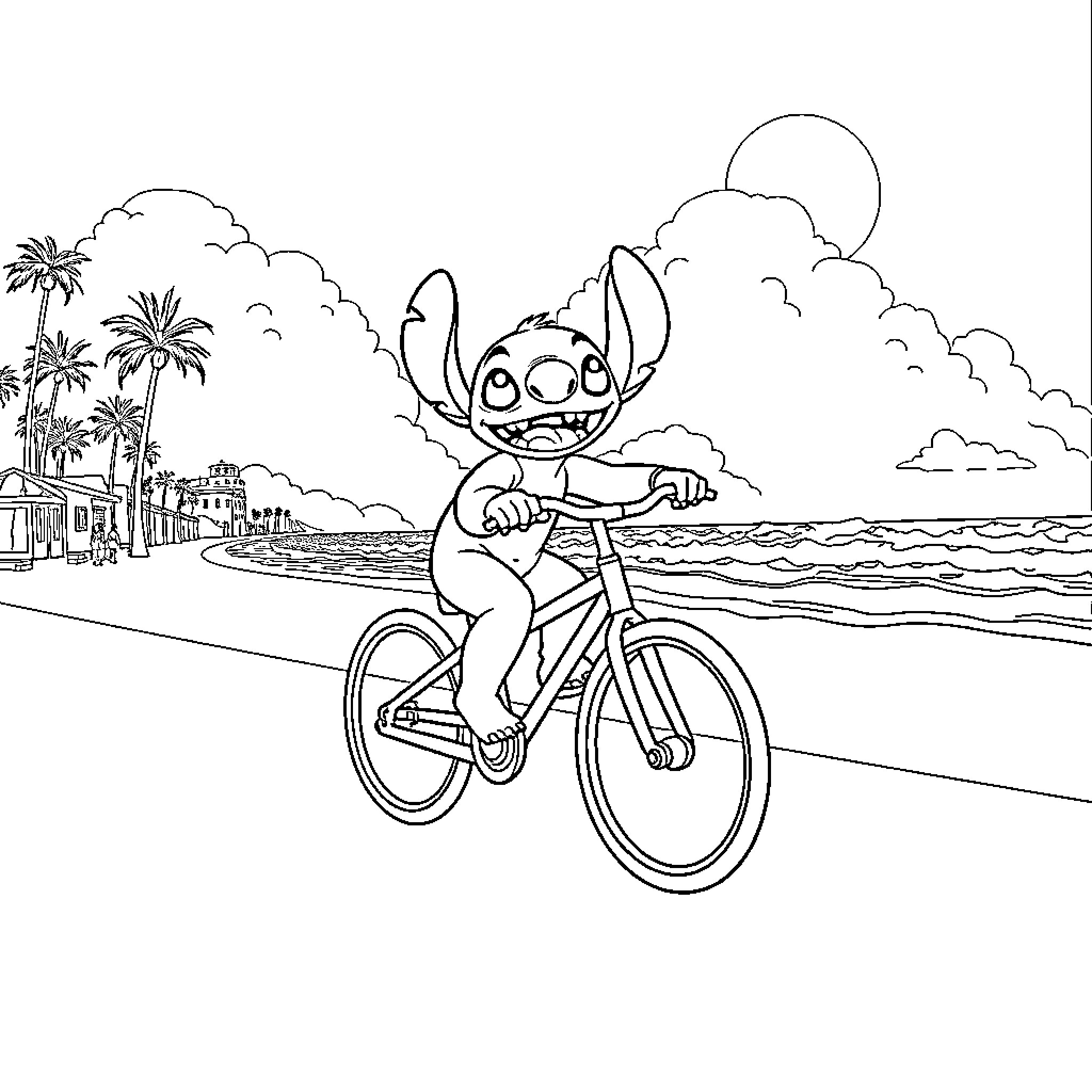 Stitch riding a bicycle on the beach Coloring Page (free black-and-white line drawing printable PDF for all, from beginners to advanced learners, including children, teens, adults, and seniors)