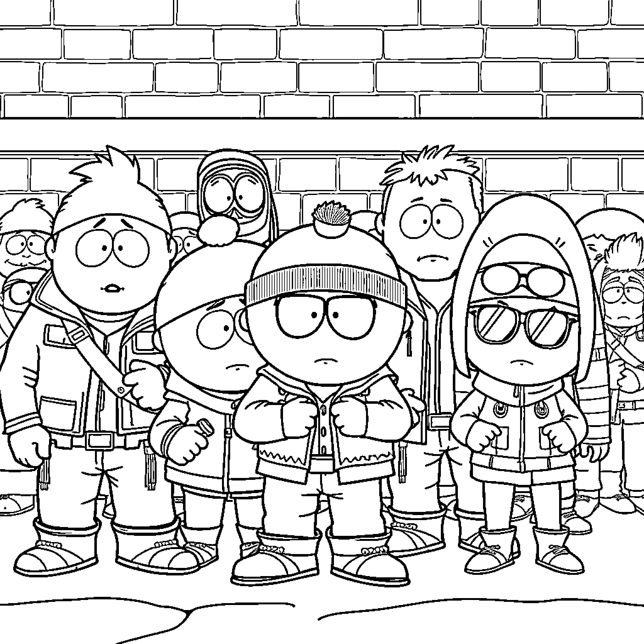South Park: Group of cartoon characters posing together Coloring Page (free black-and-white line drawing printable PDF for all, from beginners to advanced learners, including children, teens, adults, and seniors)