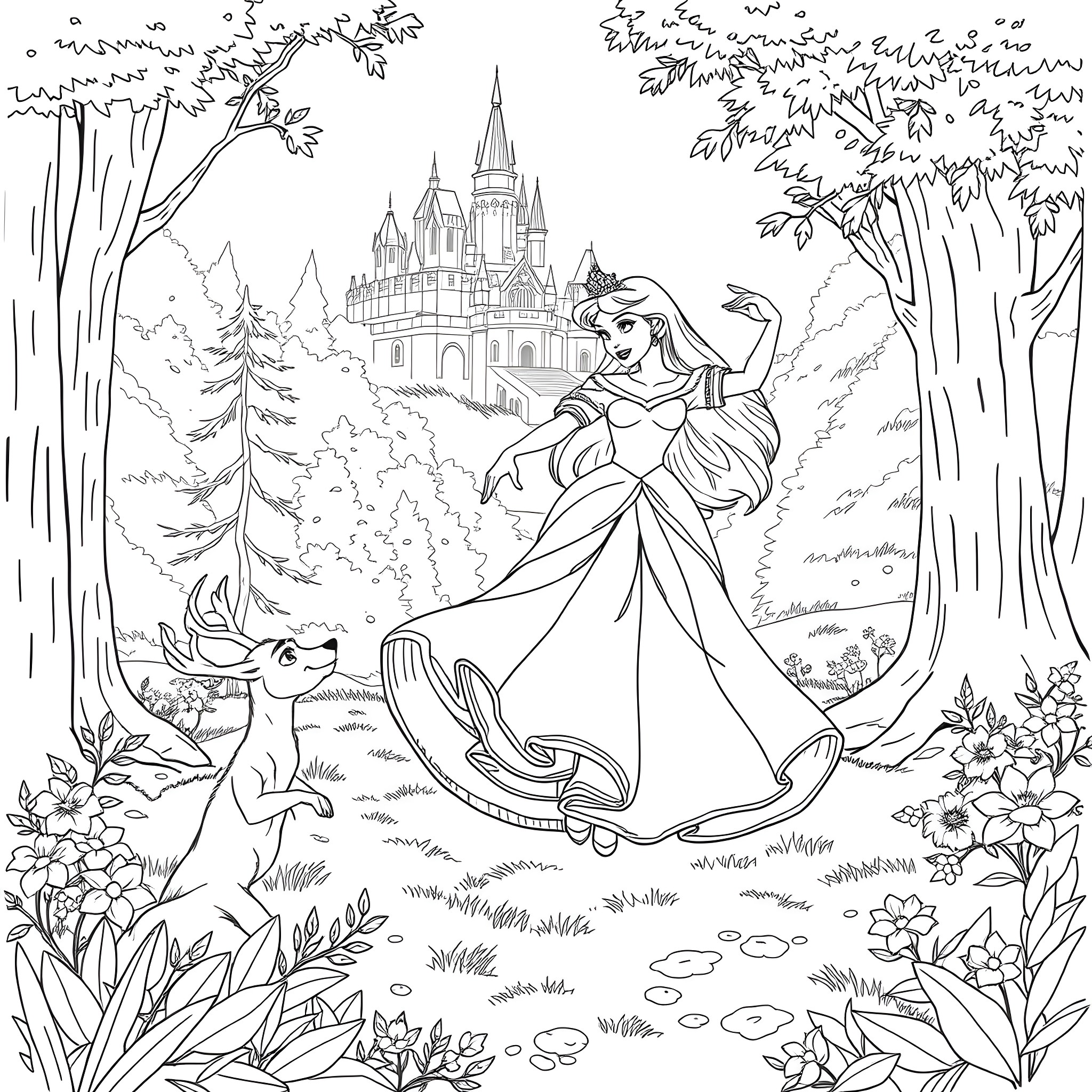 Aurora dancing gracefully in a magical forest landscape Coloring Page (free black-and-white line drawing printable PDF for all, from beginners to advanced learners, including children, teens, adults, and seniors)