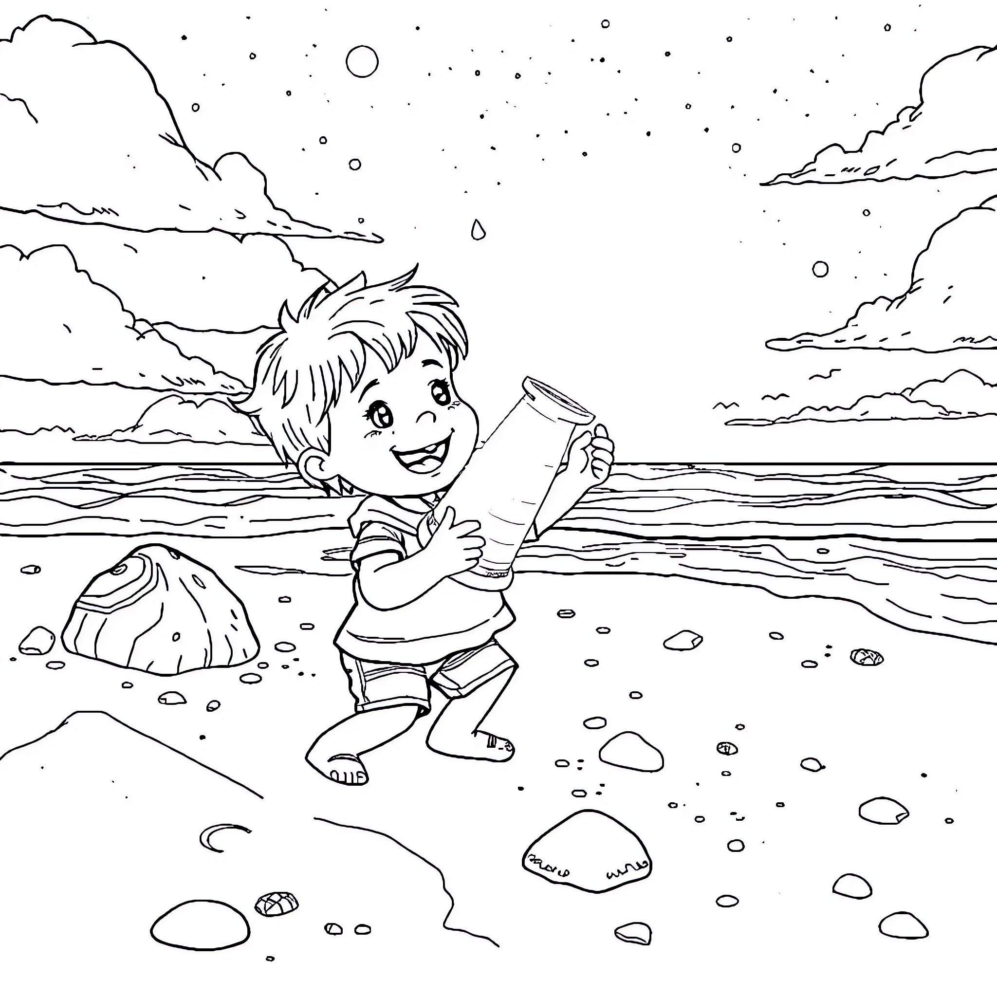Enfant playing joyfully on the beach Coloring Page (free black-and-white line drawing printable PDF for all, from beginners to advanced learners, including children, teens, adults, and seniors)