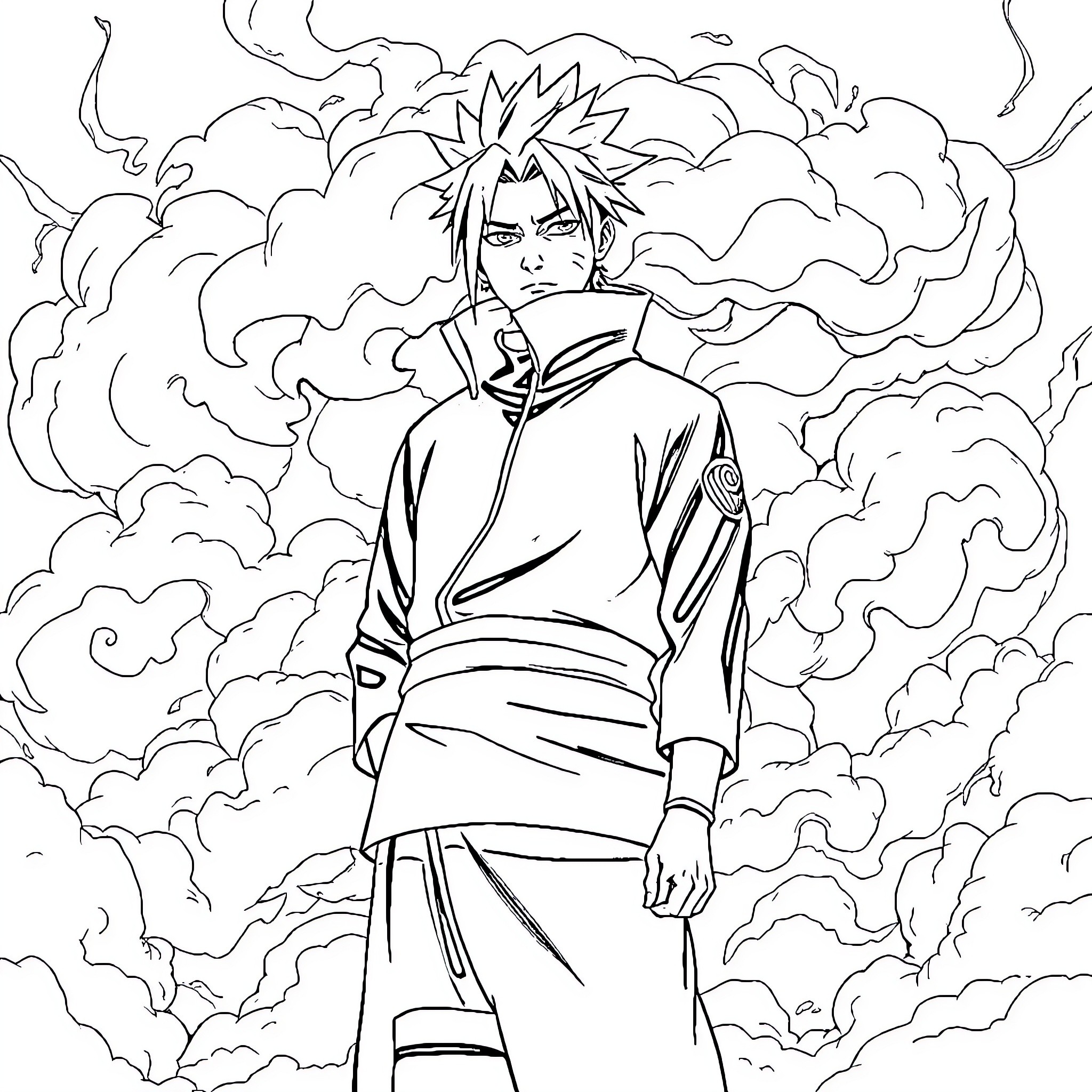 Obito's Powerful Presence in the Swirling Mist Coloring Page (free black-and-white line drawing printable PDF for all, from beginners to advanced learners, including children, teens, adults, and seniors)