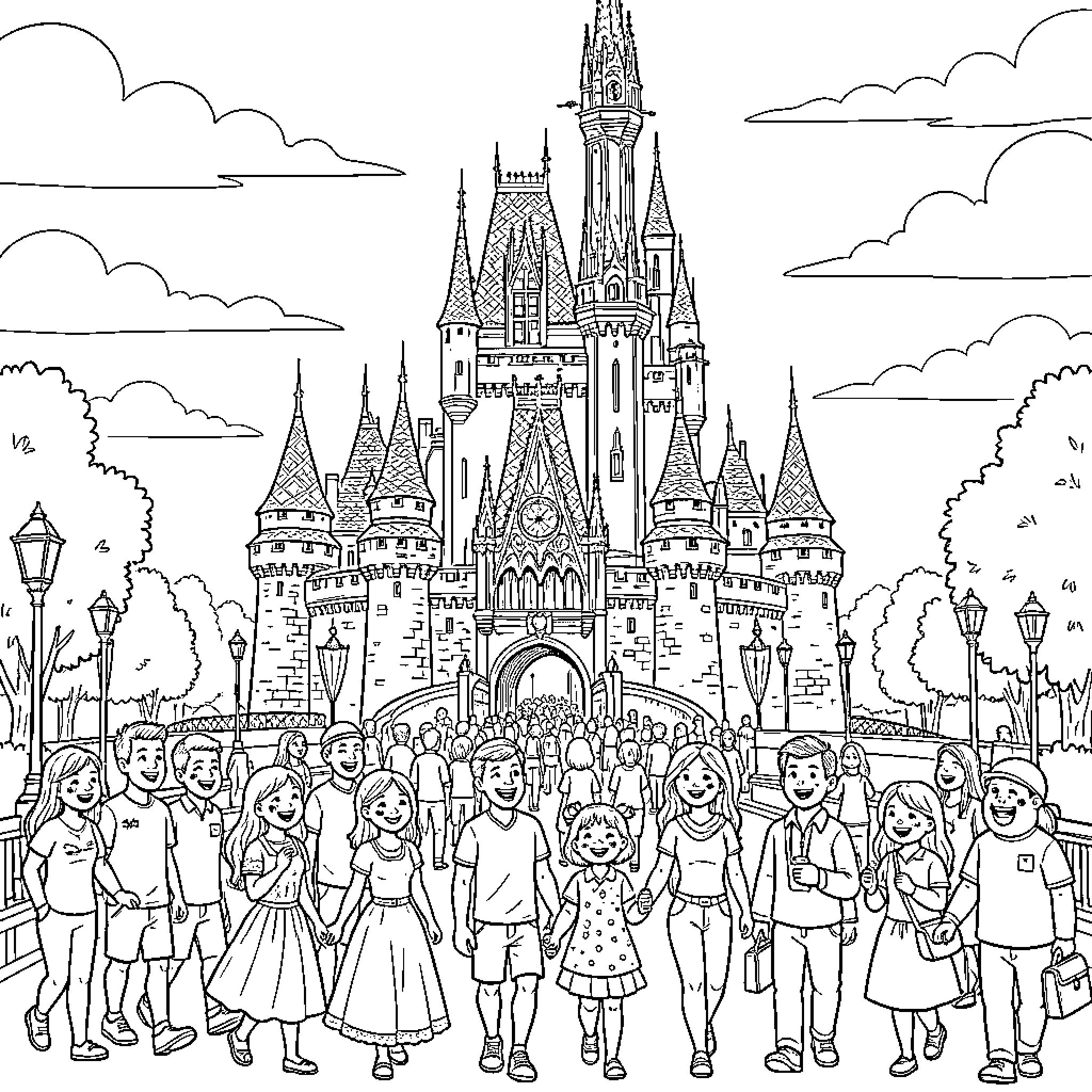 Castle entrance surrounded by many happy walking people Coloring Page (free black-and-white line drawing printable PDF for all, from beginners to advanced learners, including children, teens, adults, and seniors)