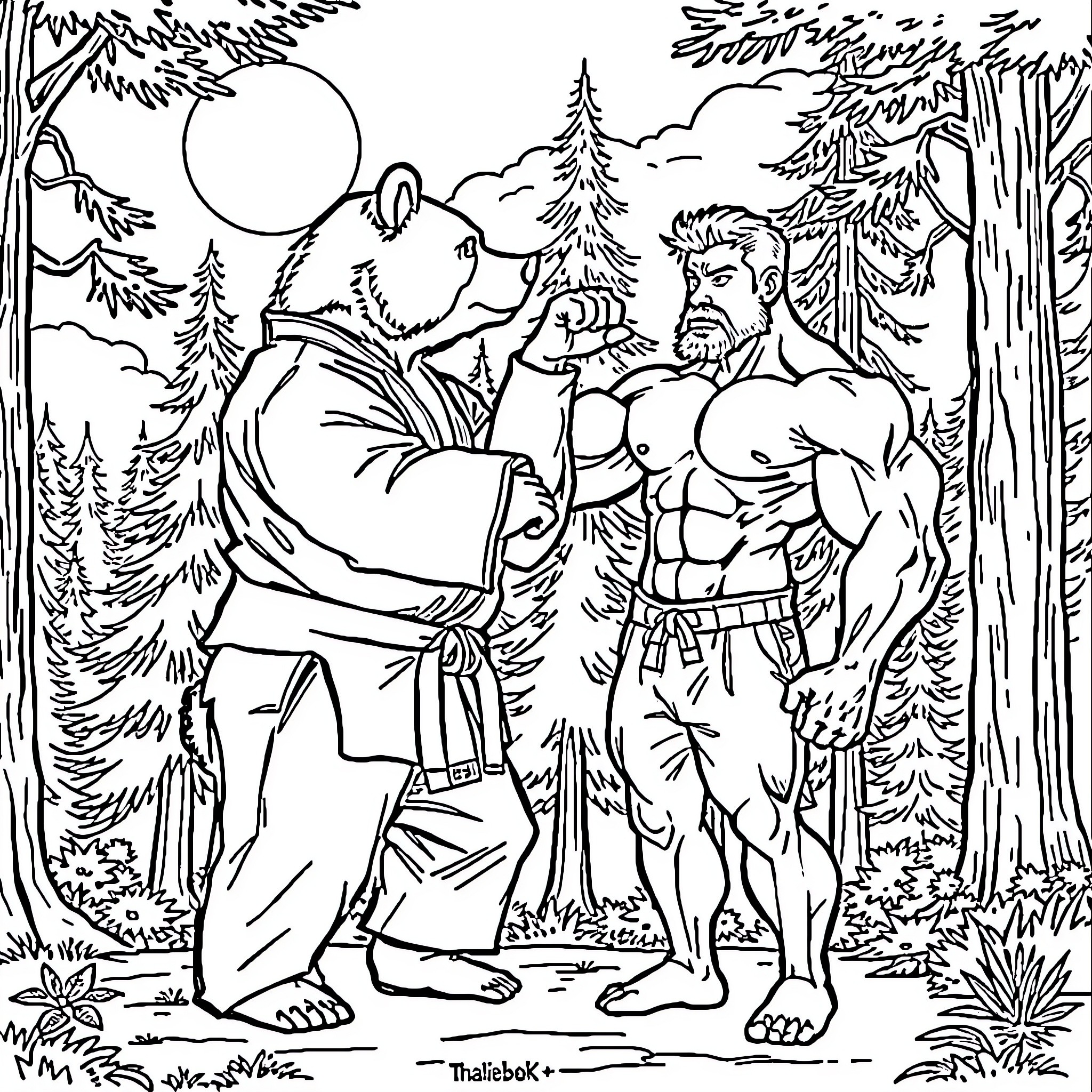 Bear engaging in combat with a muscular warrior in the forest Coloring Page (free black-and-white line drawing printable PDF for all, from beginners to advanced learners, including children, teens, adults, and seniors)
