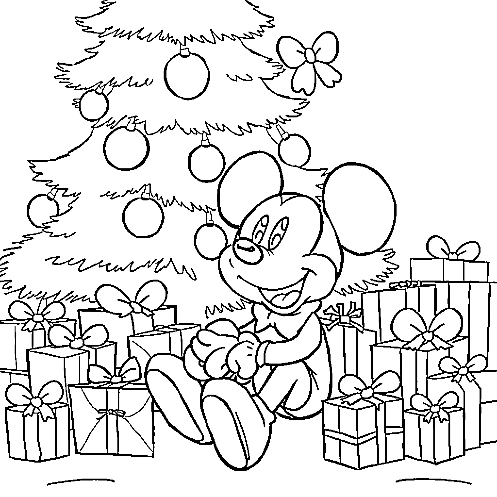 Mickey enjoys Christmas tree and presents Coloring Page (free black-and-white line drawing printable PDF for all, from beginners to advanced learners, including children, teens, adults, and seniors)