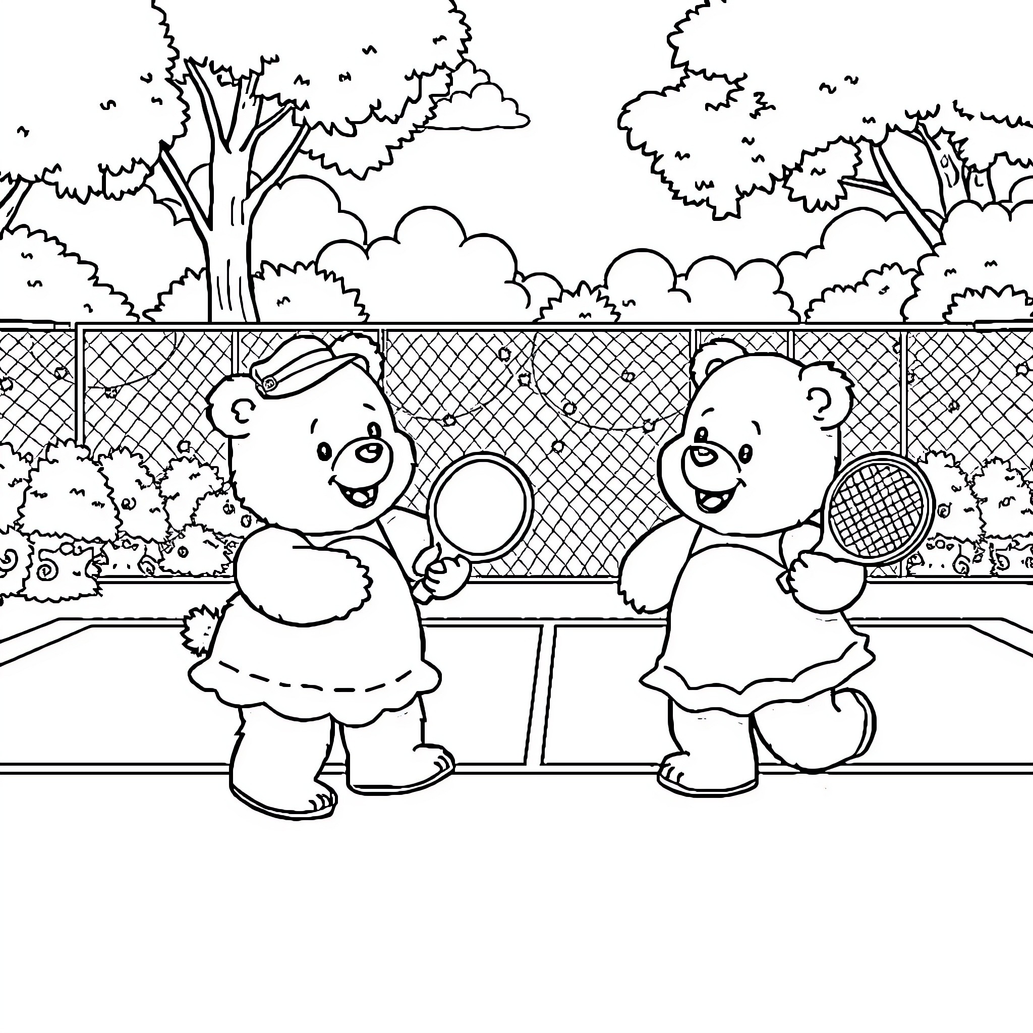 Carebear bears playing tennis in the park Coloring Page (free black-and-white line drawing printable PDF for all, from beginners to advanced learners, including children, teens, adults, and seniors)