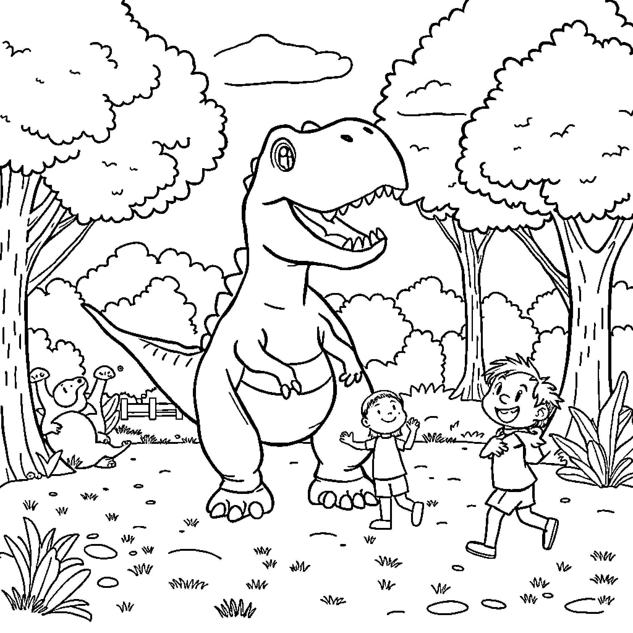 Dinosaur and children explore forest adventure Coloring Page (free black-and-white line drawing printable PDF for all, from beginners to advanced learners, including children, teens, adults, and seniors)