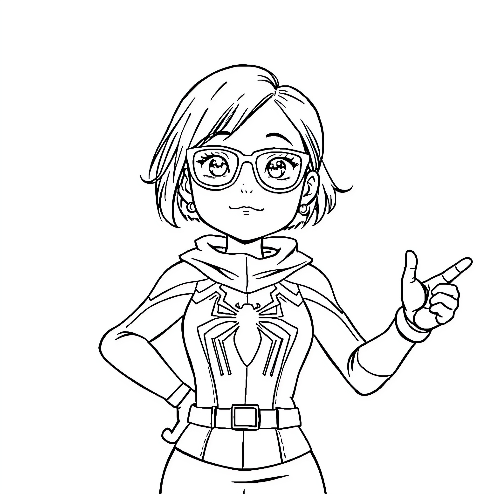 Spider-Man-inspired character in glasses and costume posing Coloring Page (free black-and-white line drawing printable PDF for all, from beginners to advanced learners, including children, teens, adults, and seniors)