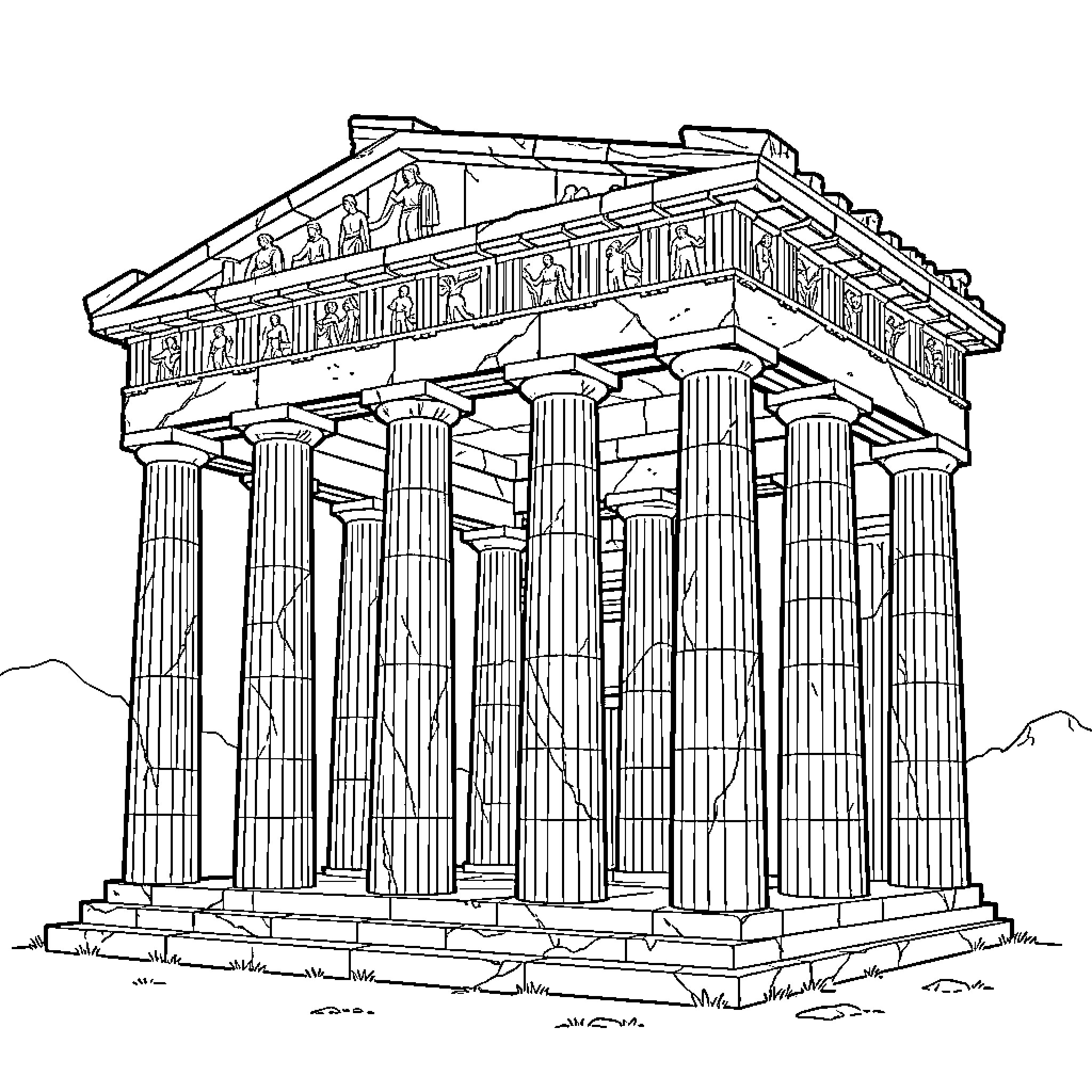 Temple with ancient statues and grand stone columns Coloring Page (free black-and-white line drawing printable PDF for all, from beginners to advanced learners, including children, teens, adults, and seniors)
