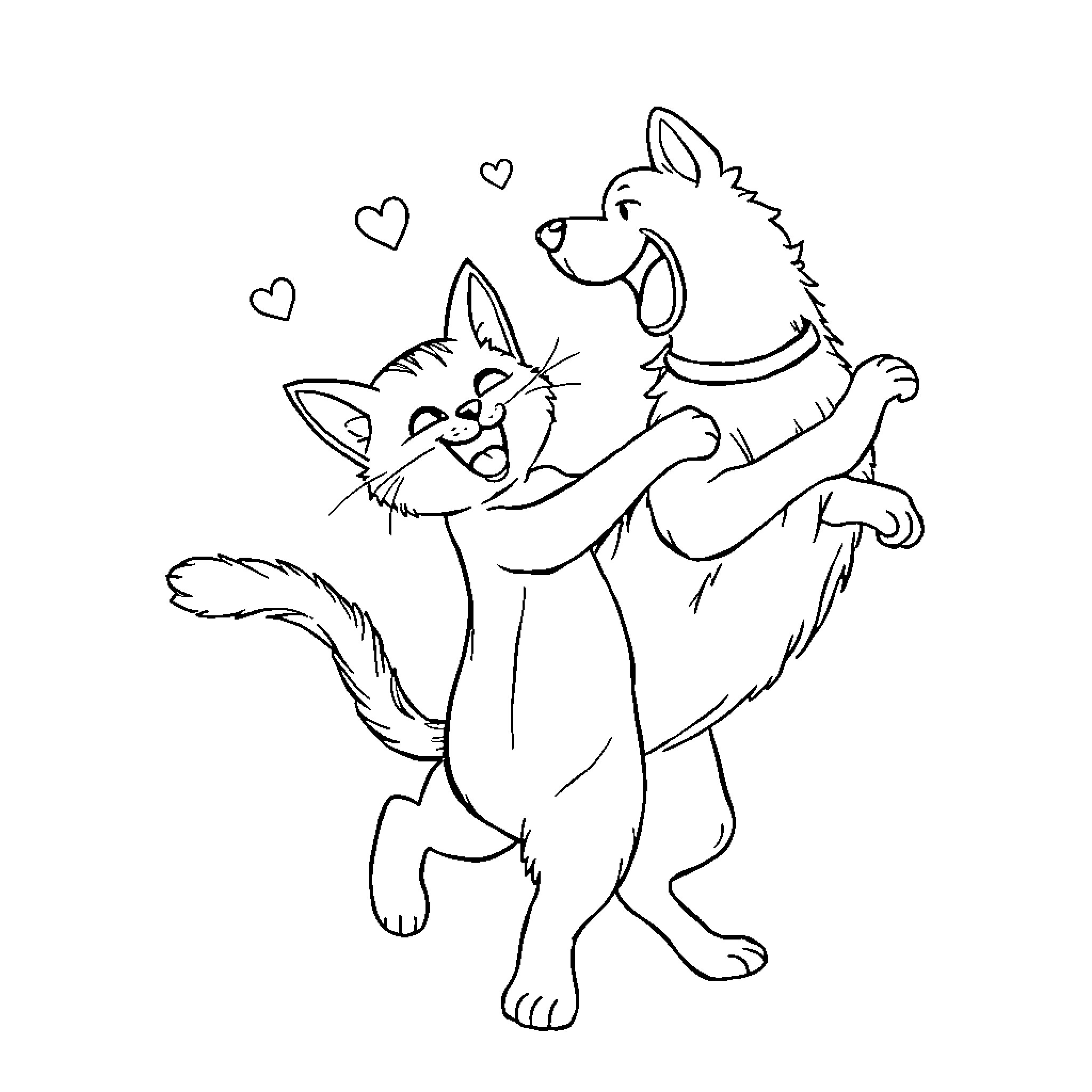 Cat and dog embracing with hearts Coloring Page (free black-and-white line drawing printable PDF for all, from beginners to advanced learners, including children, teens, adults, and seniors)