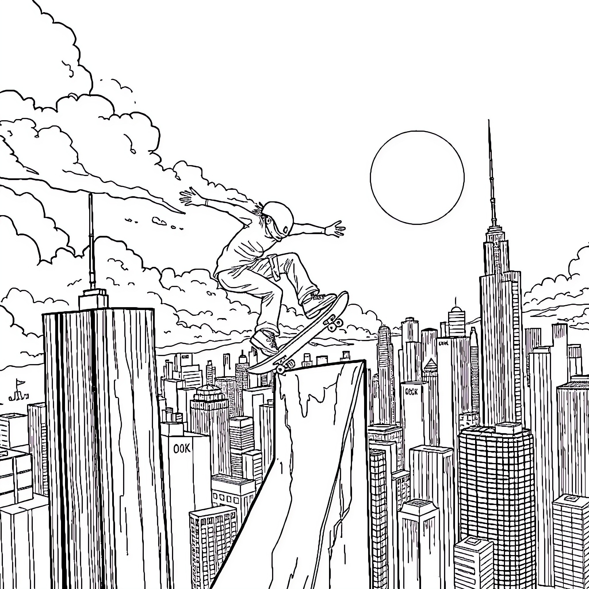 Bluey skateboarding through a futuristic city skyline Coloring Page (free black-and-white line drawing printable PDF for all, from beginners to advanced learners, including children, teens, adults, and seniors)