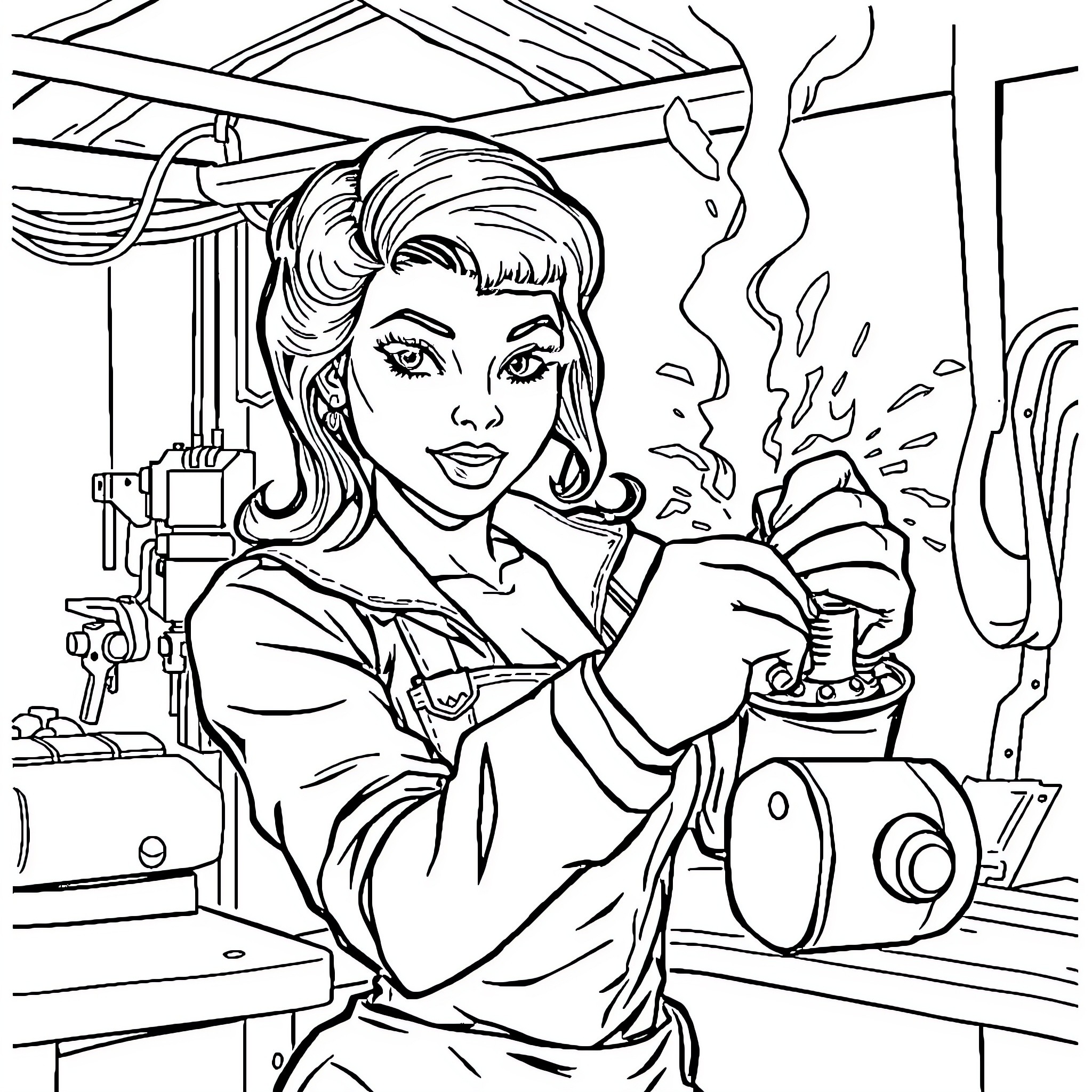 Pin Up Girl Cooking in the Kitchen Coloring Page (free black-and-white line drawing printable PDF for all, from beginners to advanced learners, including children, teens, adults, and seniors)