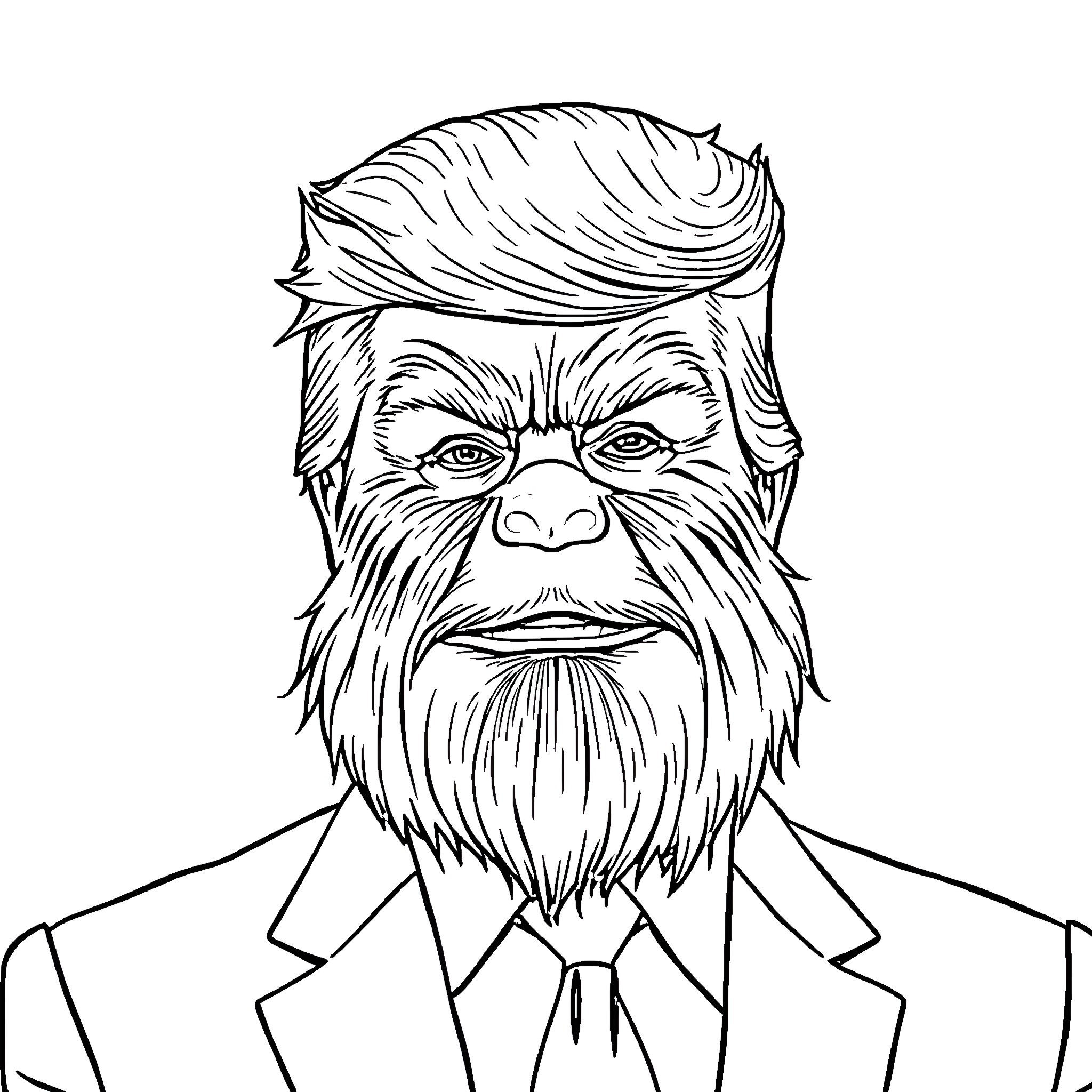 Donald Trump as Bigfoot in a Suit Coloring Page (free black-and-white line drawing printable PDF for all, from beginners to advanced learners, including children, teens, adults, and seniors)