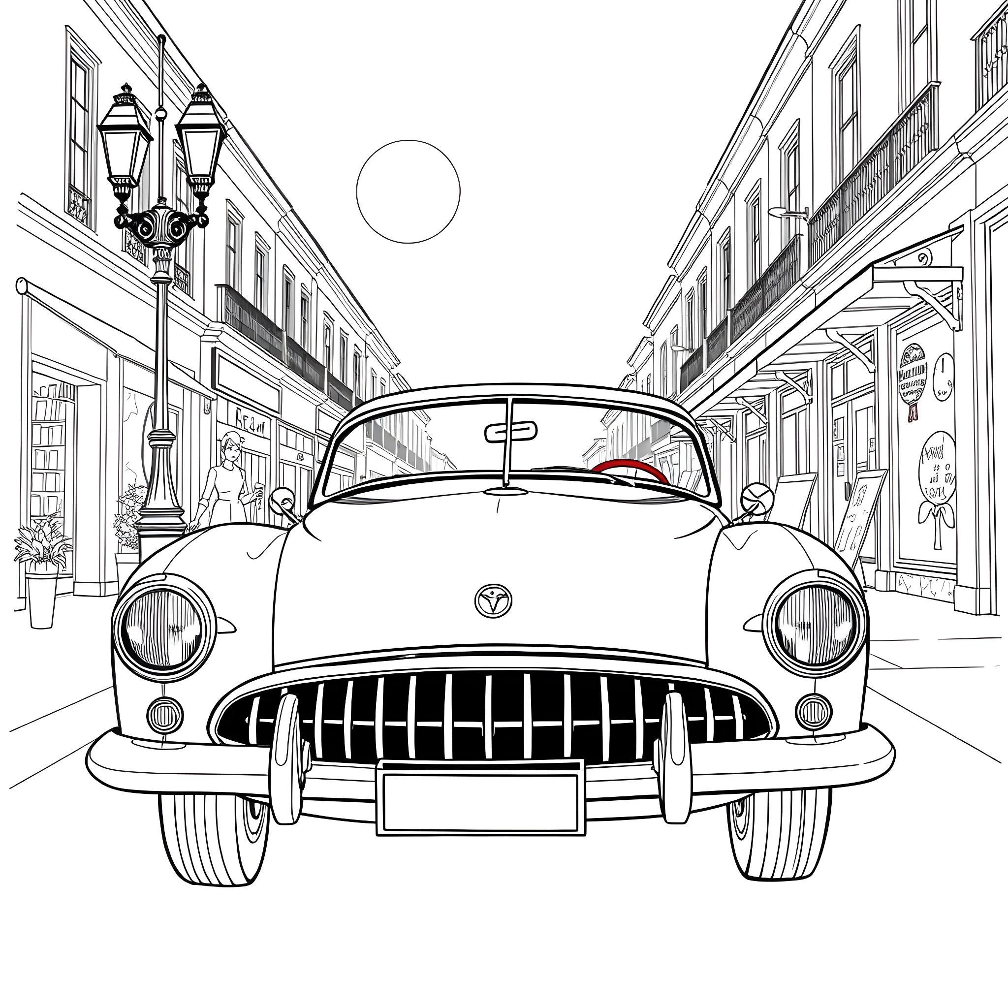 Car driving through a historic city street Coloring Page (free black-and-white line drawing printable PDF for all, from beginners to advanced learners, including children, teens, adults, and seniors)