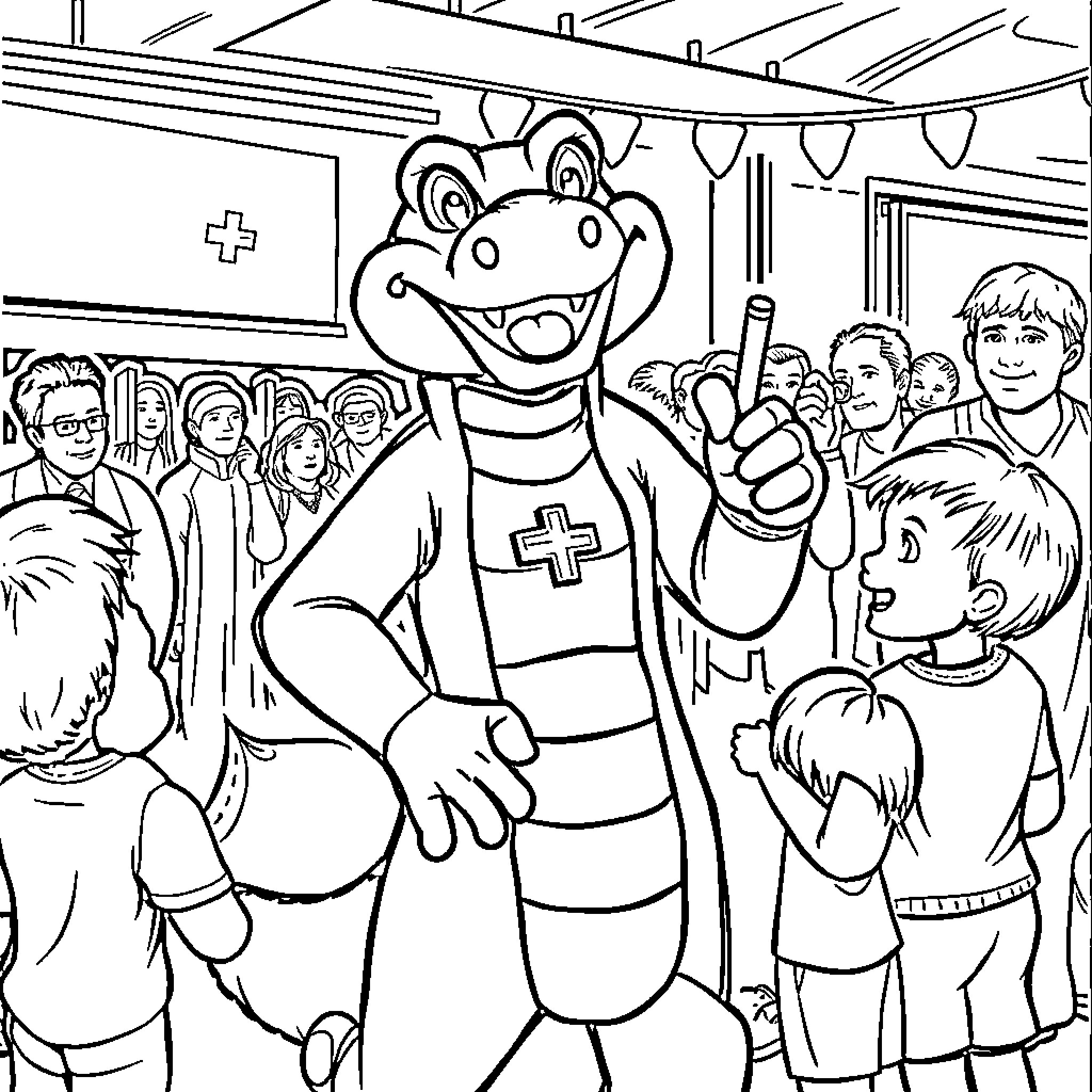 Rattler the friendly medical mascot visits children in the hospital Coloring Page (free black-and-white line drawing printable PDF for all, from beginners to advanced learners, including children, teens, adults, and seniors)