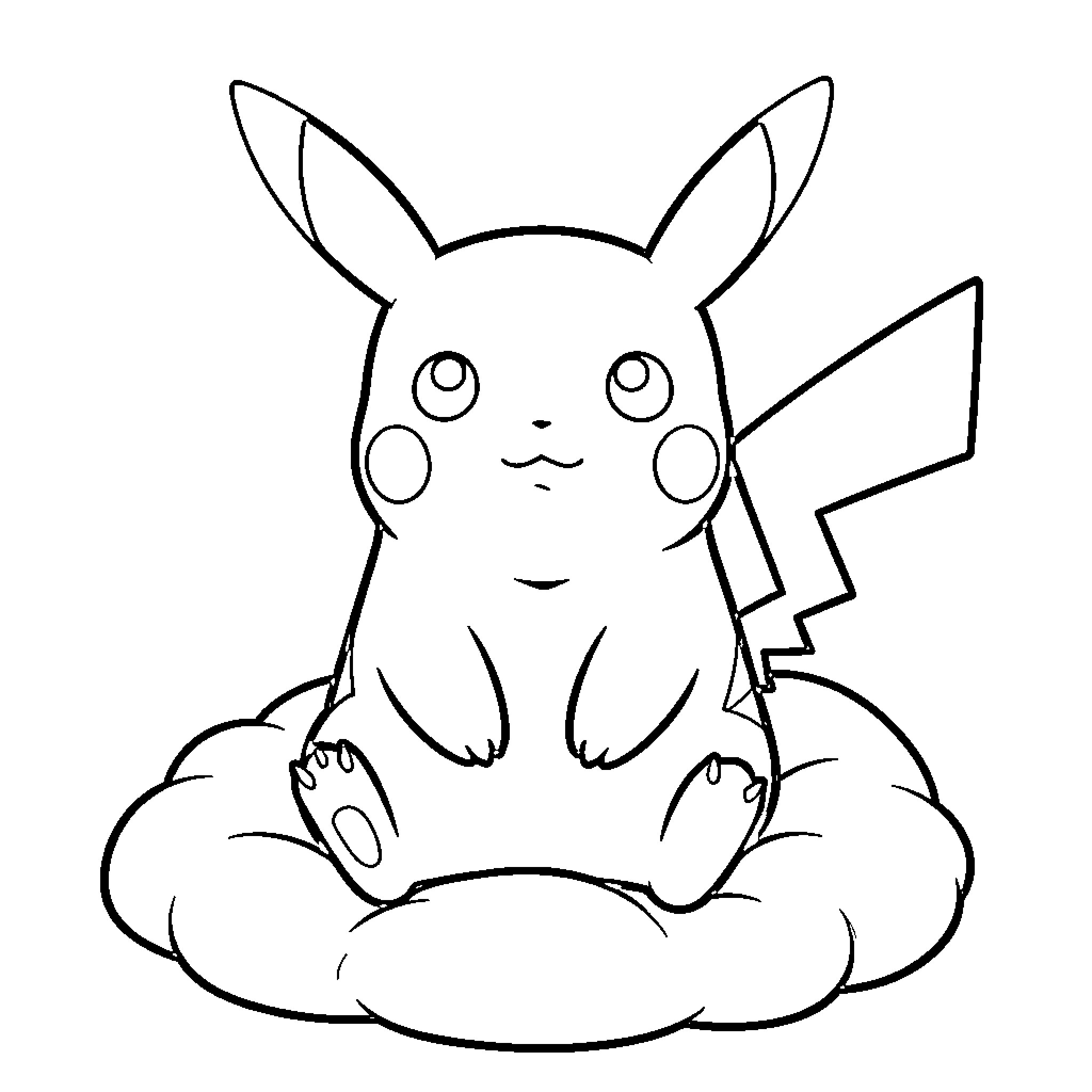 Pikachu sitting peacefully on a fluffy cloud Coloring Page (free black-and-white line drawing printable PDF for all, from beginners to advanced learners, including children, teens, adults, and seniors)