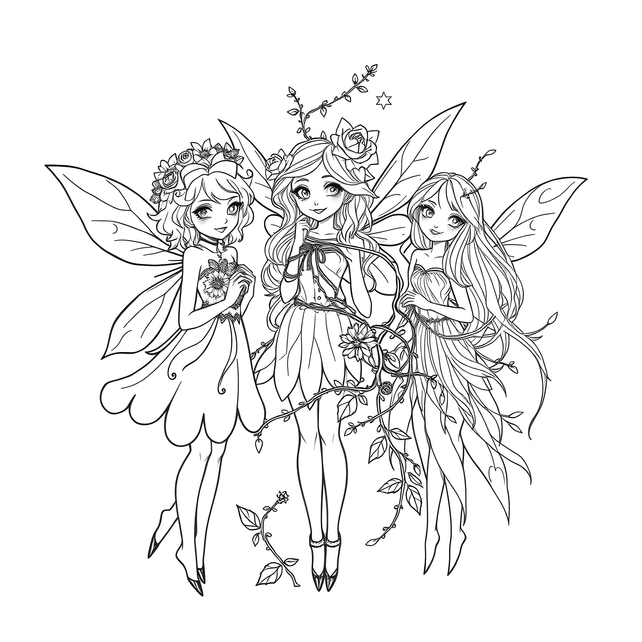 Fairy Friends Posing in Elegant Outfits Coloring Page (free black-and-white line drawing printable PDF for all, from beginners to advanced learners, including children, teens, adults, and seniors)
