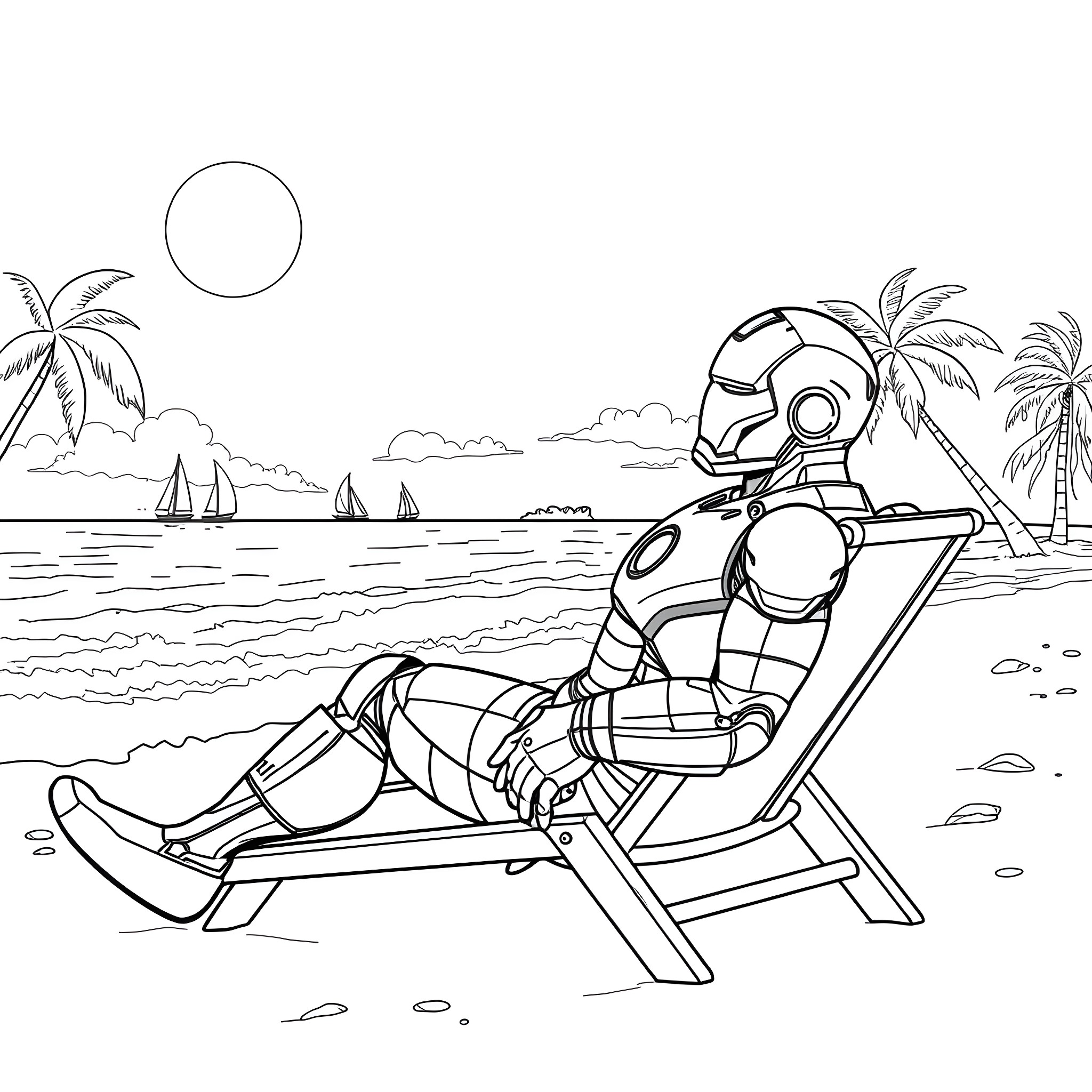 Ironman relaxing on the beach with sailboats in the distance Coloring Page (free black-and-white line drawing printable PDF for all, from beginners to advanced learners, including children, teens, adults, and seniors)
