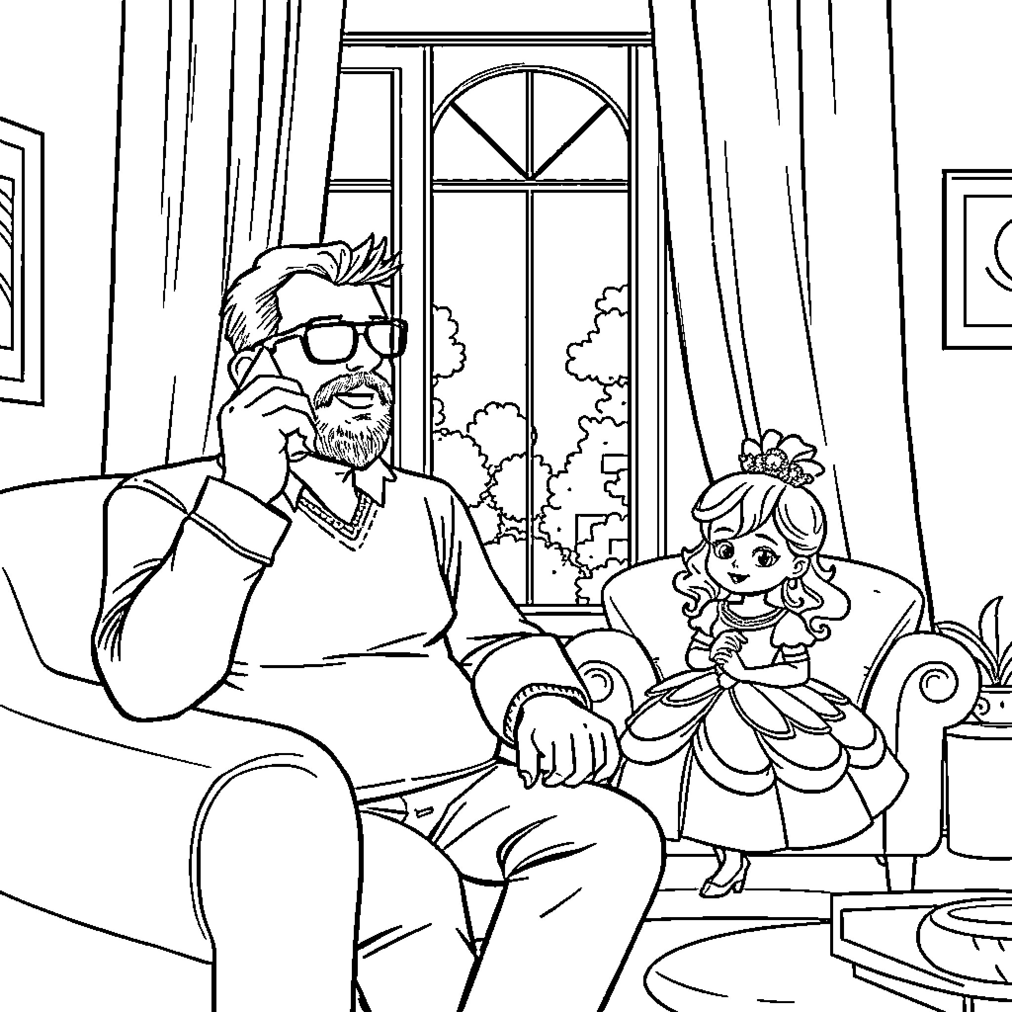 Papa Shares Storytime With Daughter in Cozy Setting Coloring Page (free black-and-white line drawing printable PDF for all, from beginners to advanced learners, including children, teens, adults, and seniors)