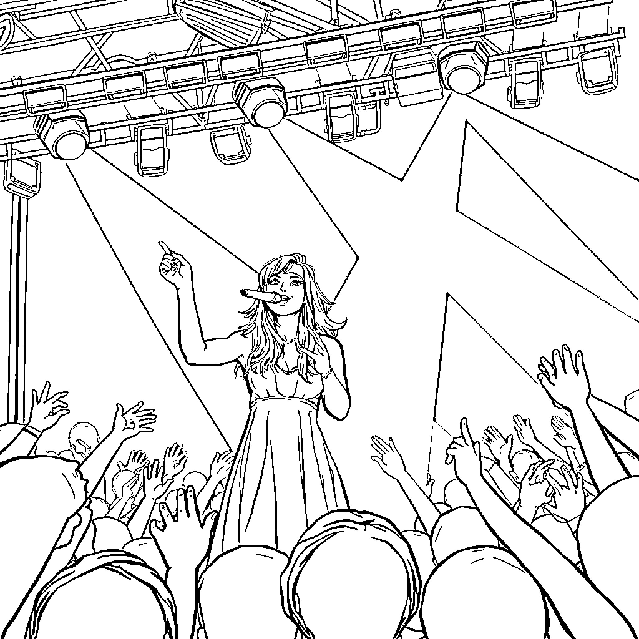 Chrissy Costanza performing on stage before enthusiastic crowd Coloring Page (free black-and-white line drawing printable PDF for all, from beginners to advanced learners, including children, teens, adults, and seniors)