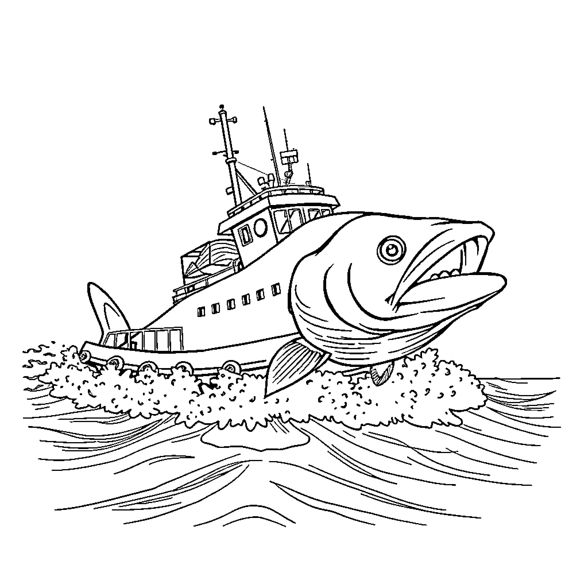 Tug Boat Chasing Ferocious Fish in the Ocean Coloring Page (free black-and-white line drawing printable PDF for all, from beginners to advanced learners, including children, teens, adults, and seniors)