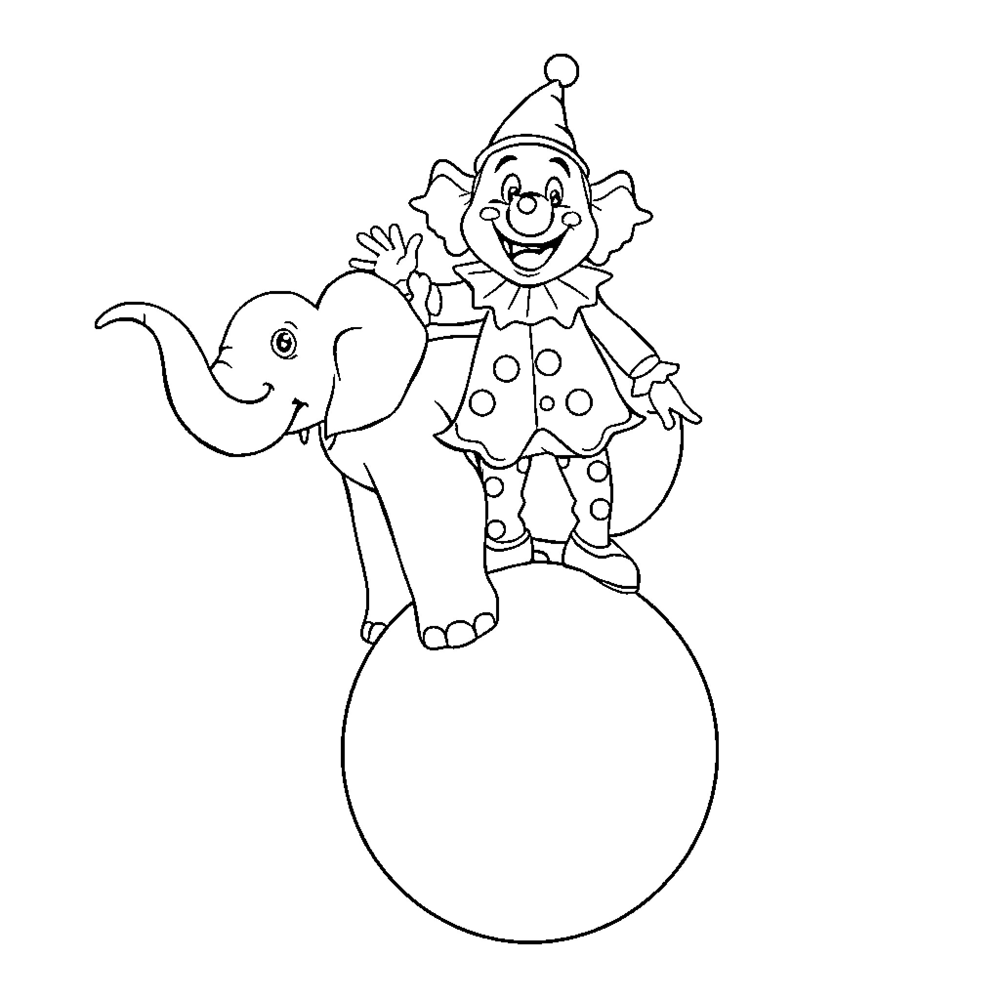 Clown riding a playful elephant on a ball Coloring Page (free black-and-white line drawing printable PDF for all, from beginners to advanced learners, including children, teens, adults, and seniors)