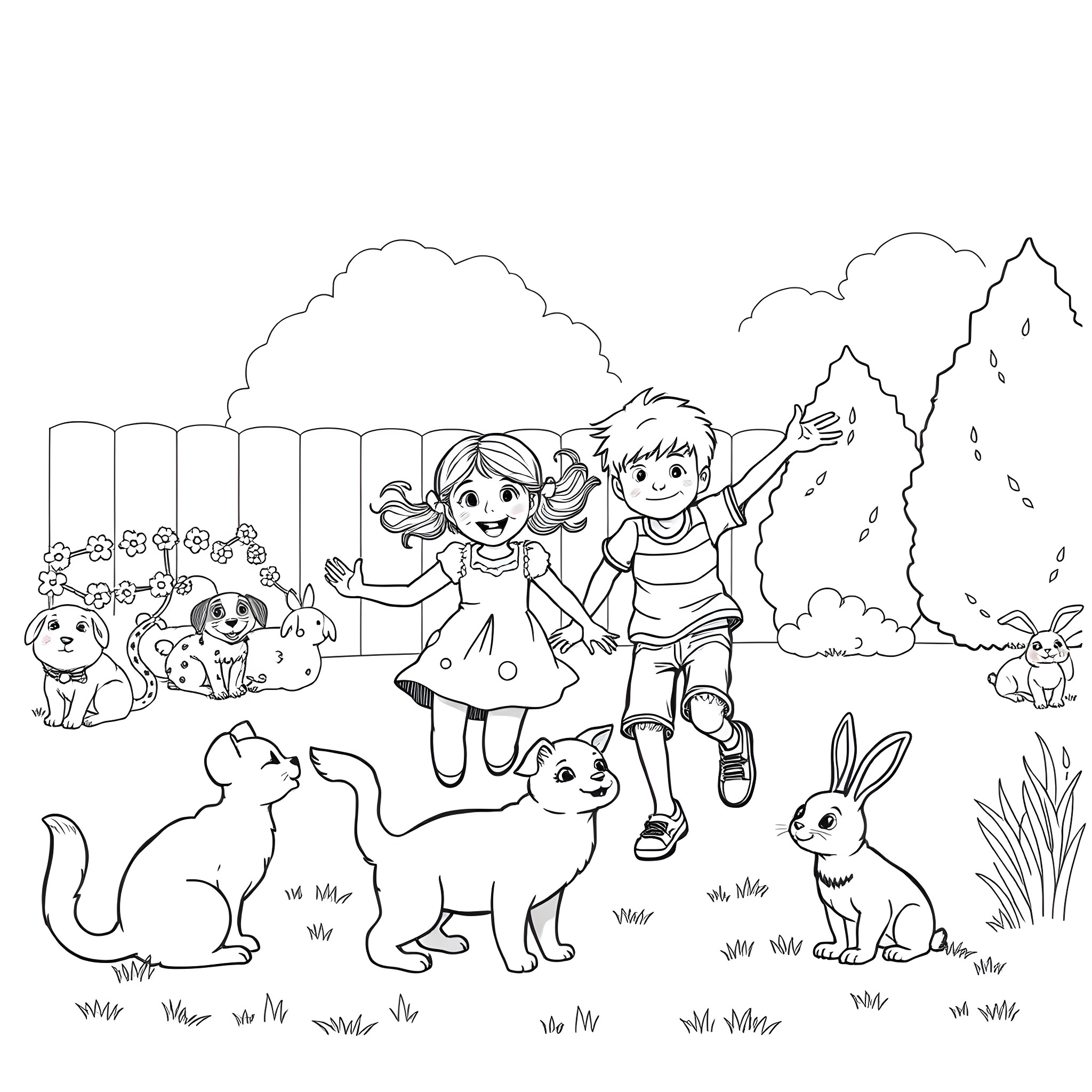 Animal friends playing in the park Coloring Page (free black-and-white line drawing printable PDF for all, from beginners to advanced learners, including children, teens, adults, and seniors)