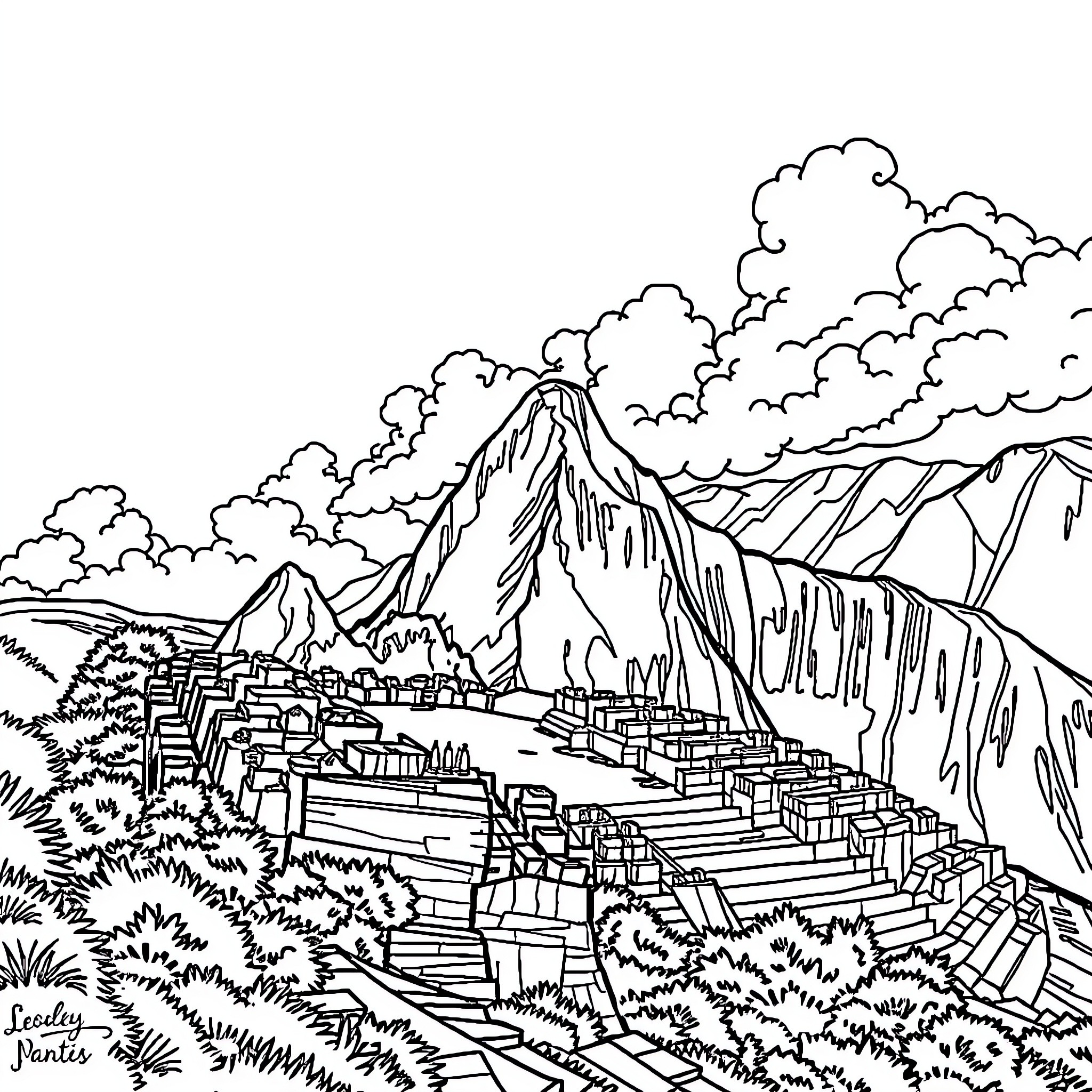 Machu Picchu: Ancient Incan Ruins Amid Mountainous Landscape Coloring Page (free black-and-white line drawing printable PDF for all, from beginners to advanced learners, including children, teens, adults, and seniors)