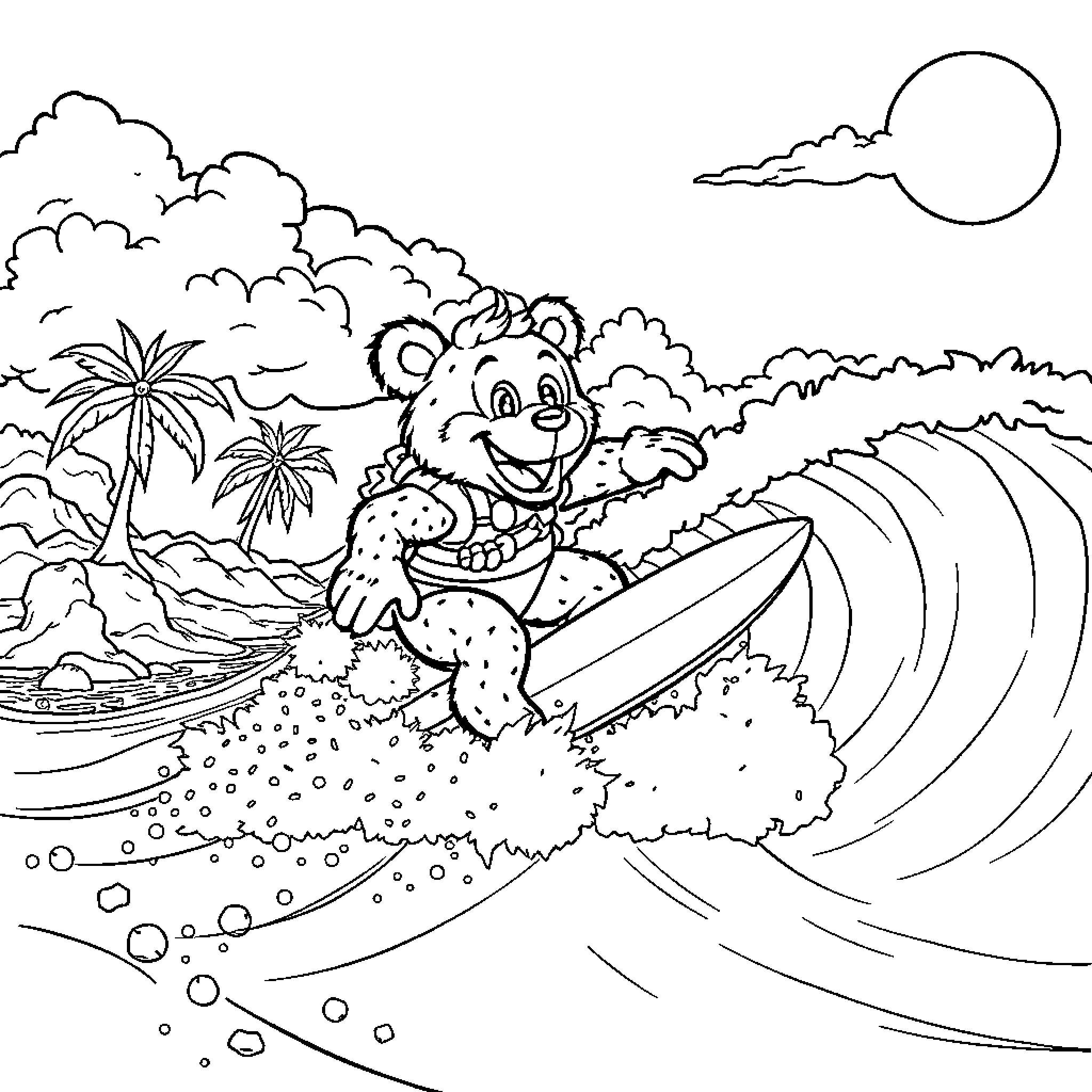 Freddy Fazbear surfing in a tropical beach scene Coloring Page (free black-and-white line drawing printable PDF for all, from beginners to advanced learners, including children, teens, adults, and seniors)