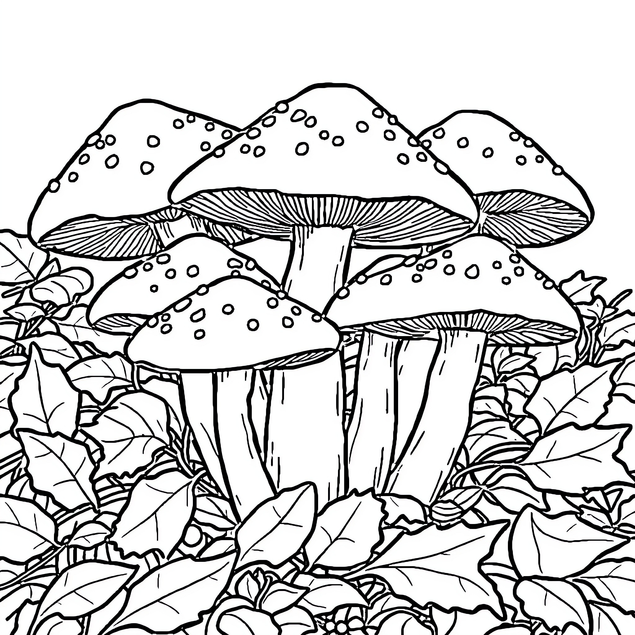 Mushroom Illustration in Lush Foliage Coloring Page (free black-and-white line drawing printable PDF for all, from beginners to advanced learners, including children, teens, adults, and seniors)