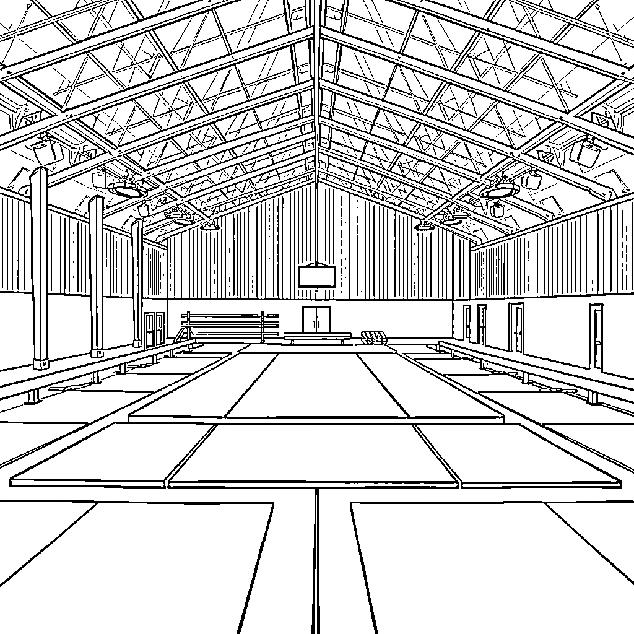 Gymnastics Facility with Truss Roof and Indoor Pool Coloring Page (free black-and-white line drawing printable PDF for all, from beginners to advanced learners, including children, teens, adults, and seniors)