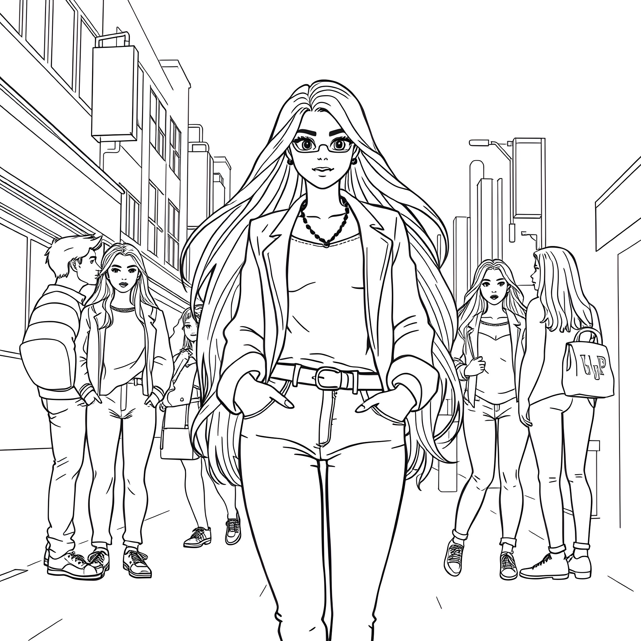 Trans Girl Confidently Walks with Friends in City Coloring Page (free black-and-white line drawing printable PDF for all, from beginners to advanced learners, including children, teens, adults, and seniors)